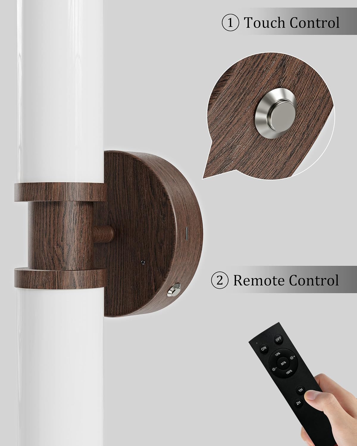 Rayogale Walnut Wireless Battery Operated Wall Sconces with Remote Control | White Glass Rechargeable Wall Lights Set