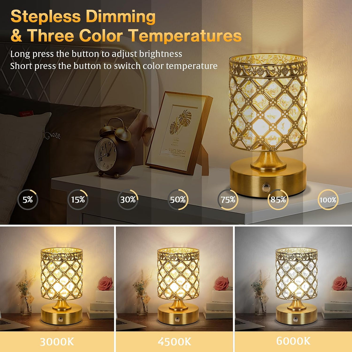 Gold Small Crystal Rechargeable Cordless Table Lamps Set of 2 | 6000mAh Battery, 3 Color Temps, Stepless Dimming, Touch