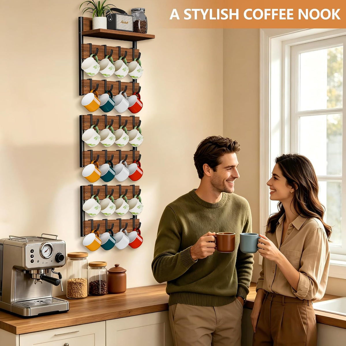 Mug Rack for Wall, Coffee Cup Holder Wall Mount with 24 Adjustable Hooks | Coffee Mug Holder with Top Display Shelf for