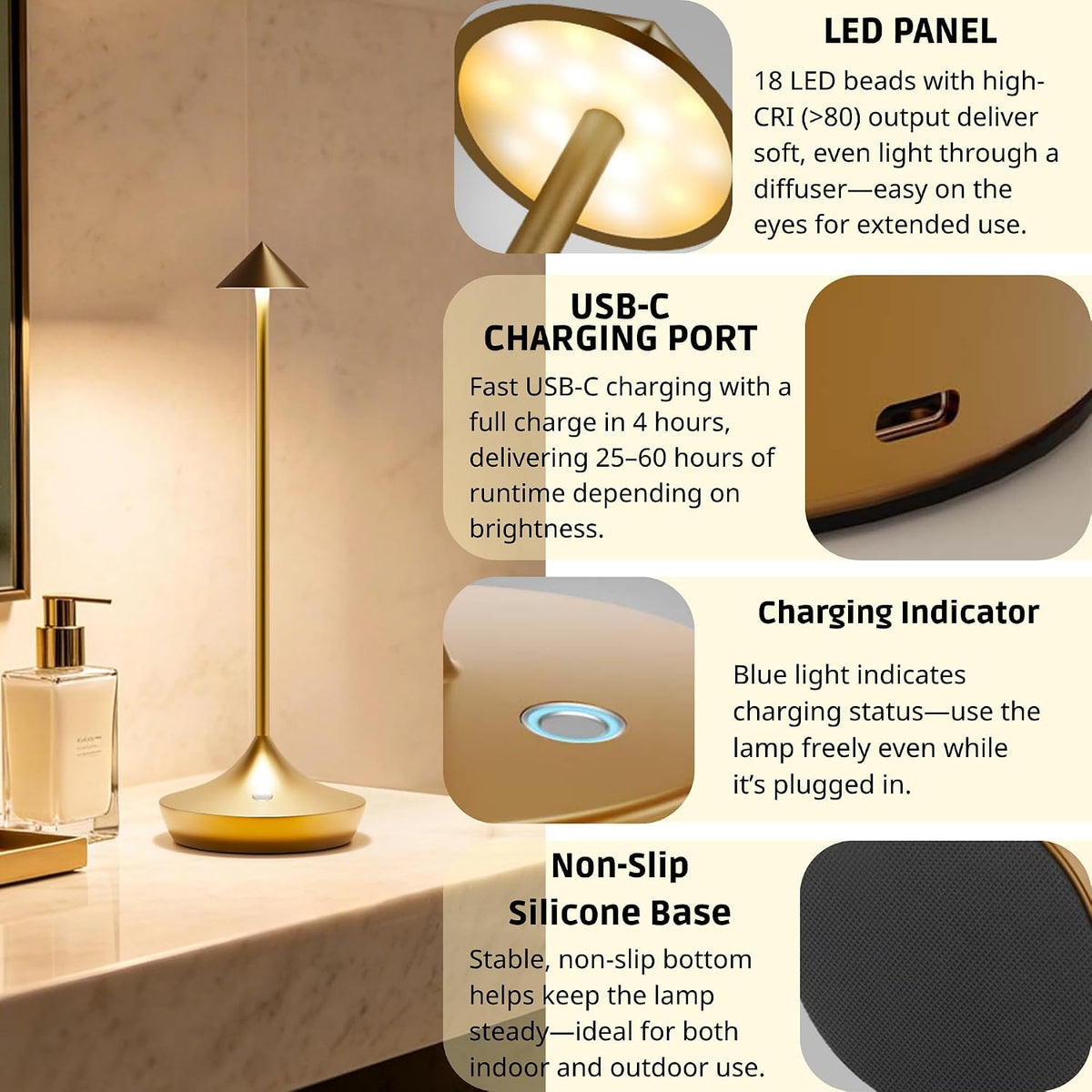 Cordless Rechargeable Table Lamp, Long-Lasting 60-Hr Battery, Dimmable LED | 1 Pack Titanium with IP54 6000mAh 3 Color