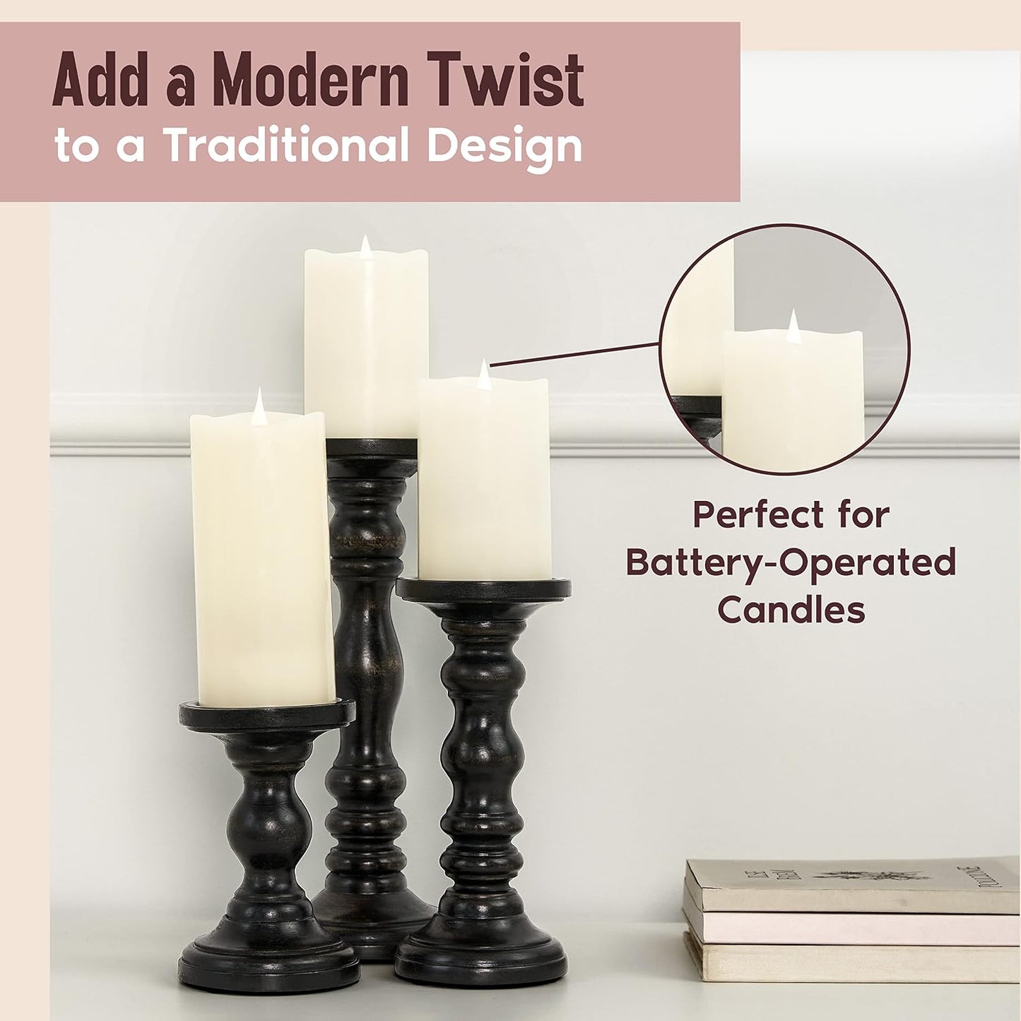 Large Candle Holders for Pillar Candles - Decorative Rustic Centerpiece Pillars Compatible with Battery-Operated