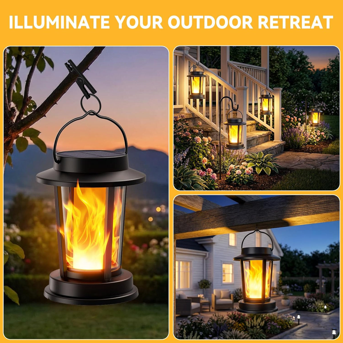 Solar Lanterns Outdoor Waterproof, Flickering Flame Solar Powered | 2 Pack Upgraded Solar Lights Outdoor, Hanging