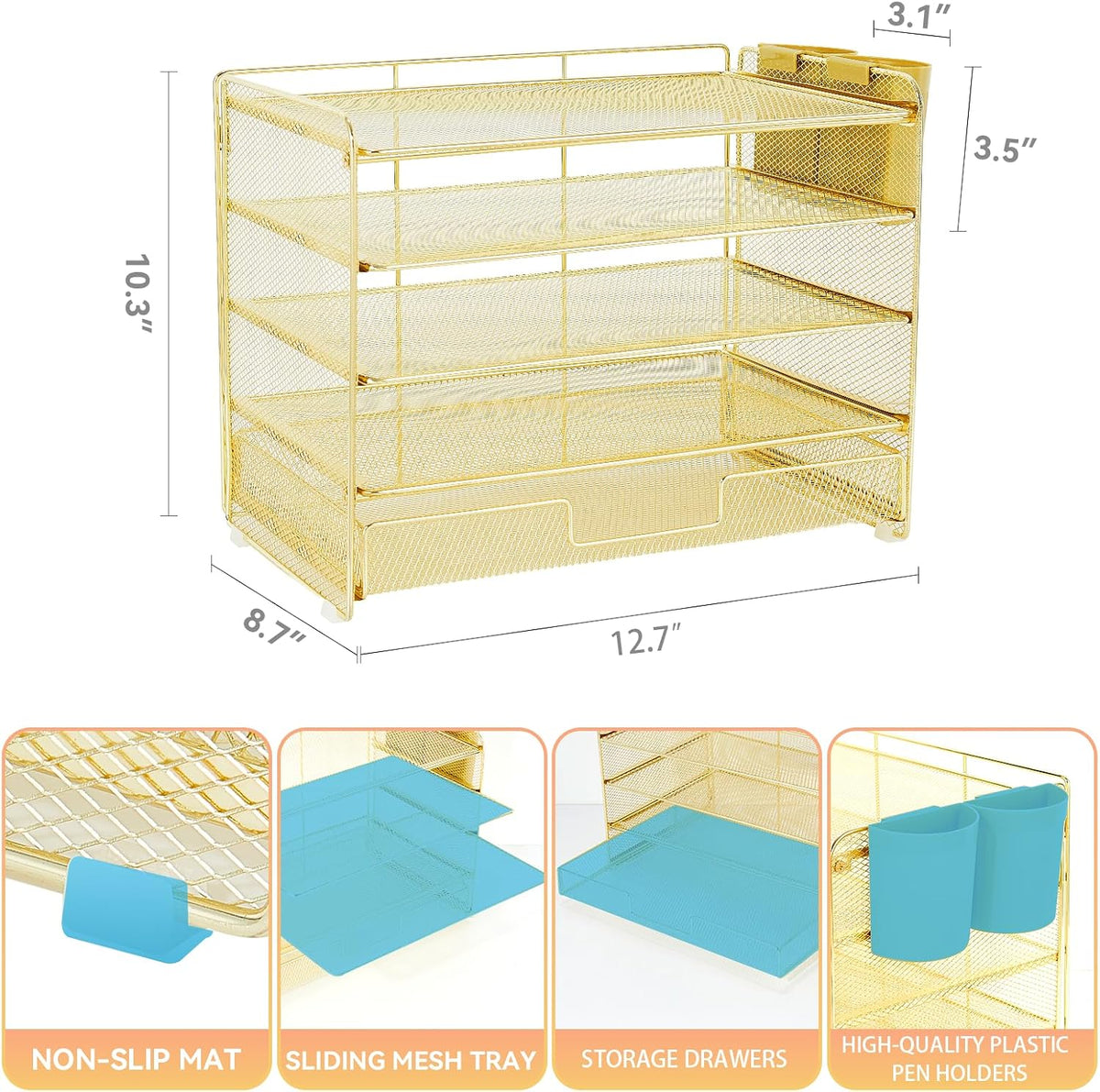 LEKETREE Desk Organizers and Accessories, 5-Tier Paper Letter Tray Organizer with Drawer & 2 Pen Holders, Desktop