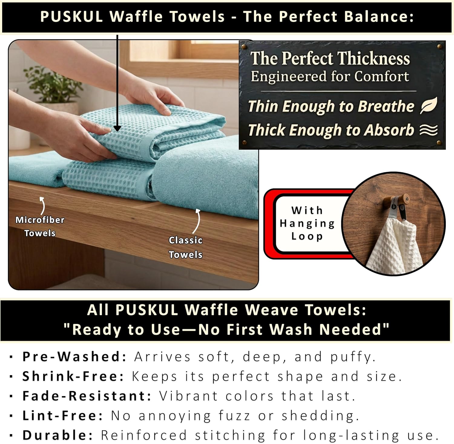 PÜSKÜL Natural 100% Turkish Cotton Waffle Bath Towels Set of 2, Extra-Large | Turquoise, Oversize 32x63" Bath sheet