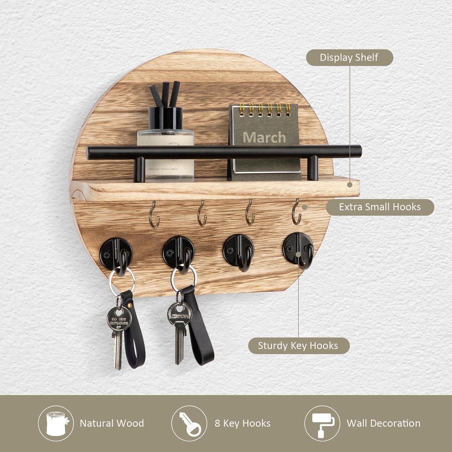 Key Holder / Shelf and 8 Key Hooks / Wood / 9.8 Inch