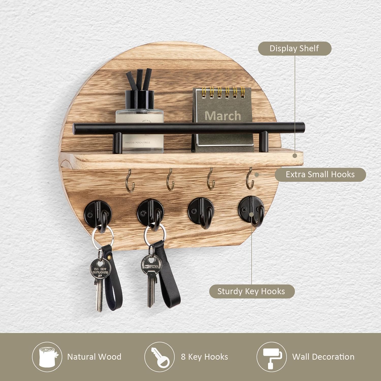 Key Holder / Shelf and 8 Key Hooks / Wood / 9.8 Inch