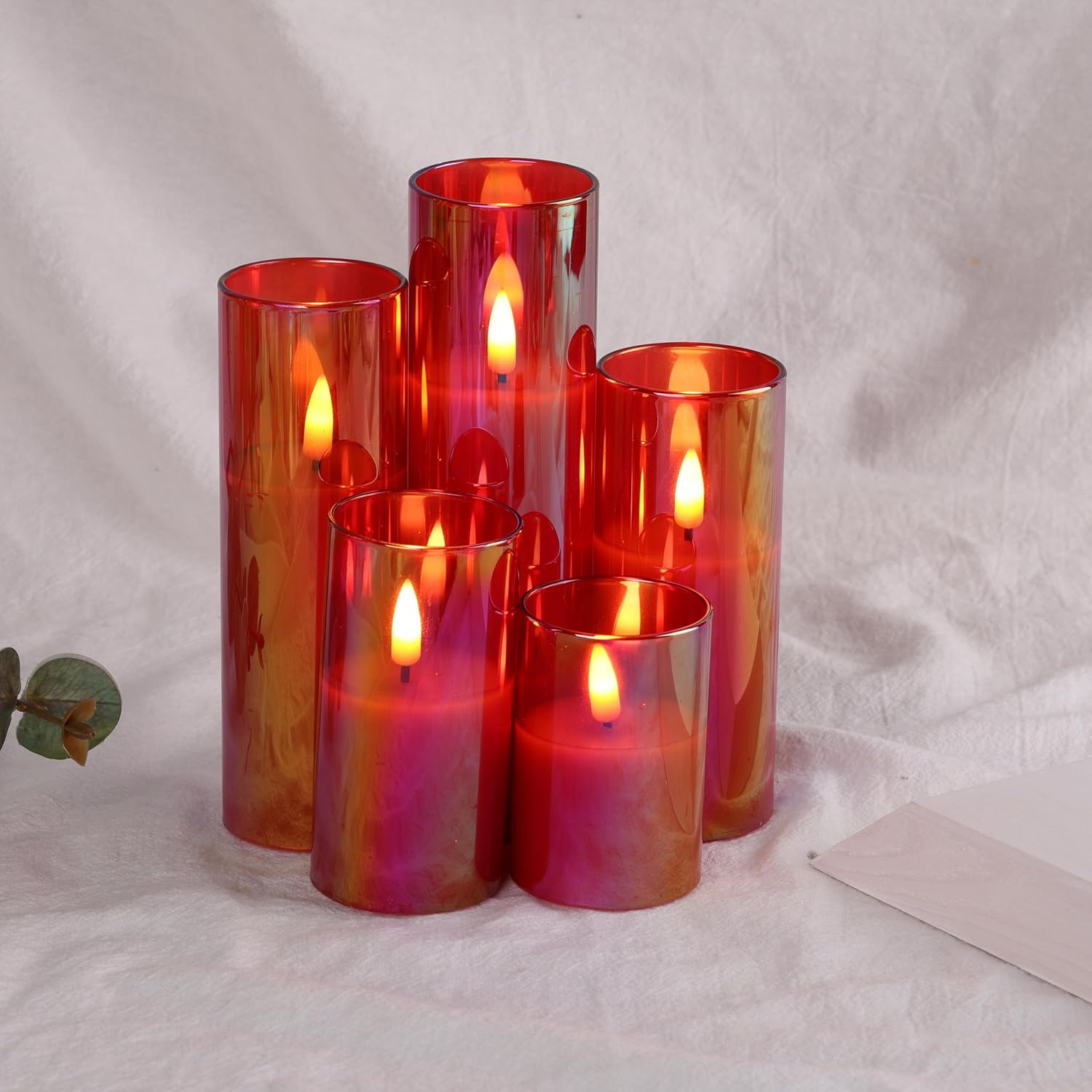Red Glass Flameless Pillar Candles with Remote Batteries Set of 5 | Flickering Christmas LED Candles, Fireplace Home