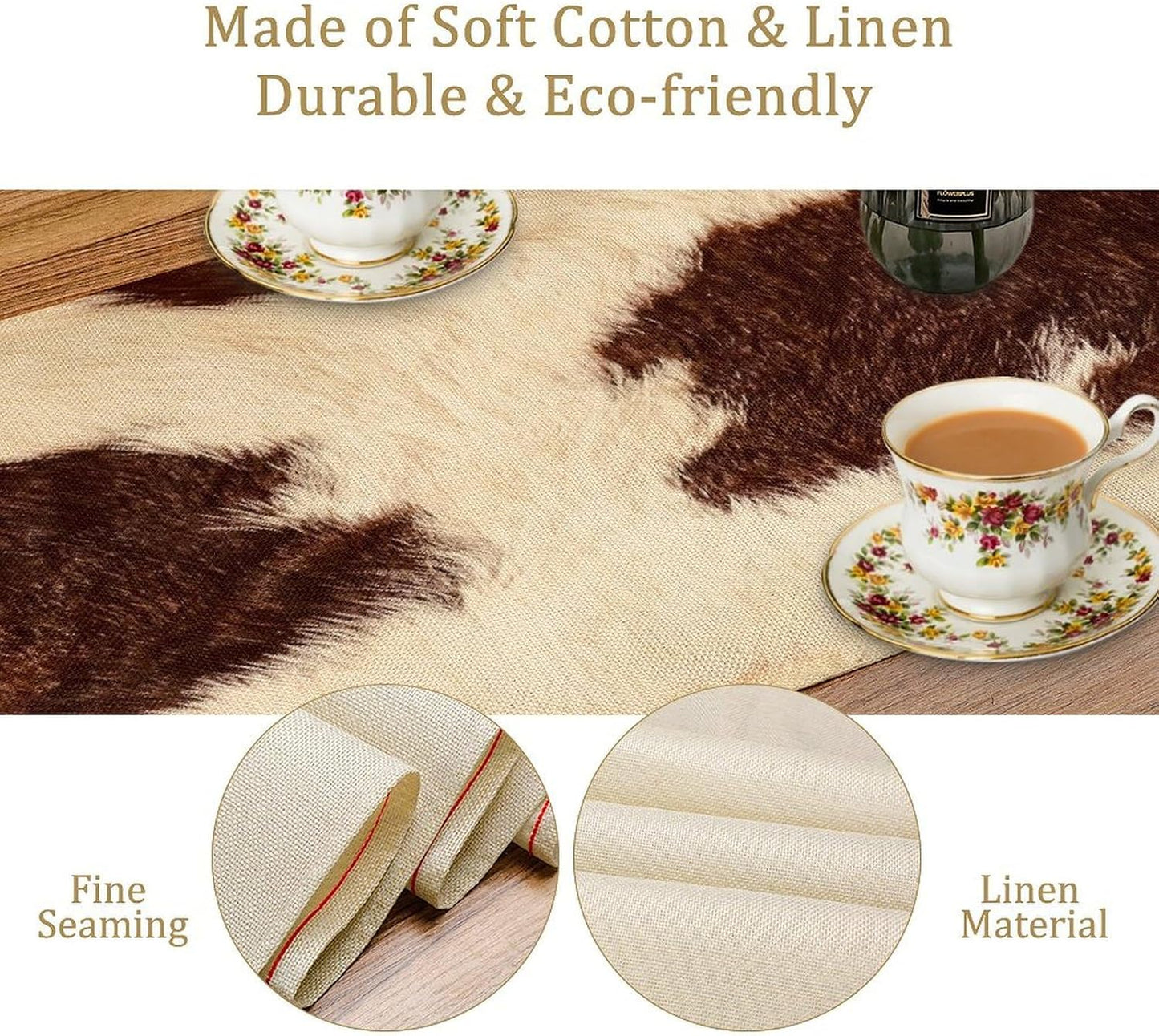 Brown Cow Print Faux Linen Rustic Table Runner, 13x90 Inch