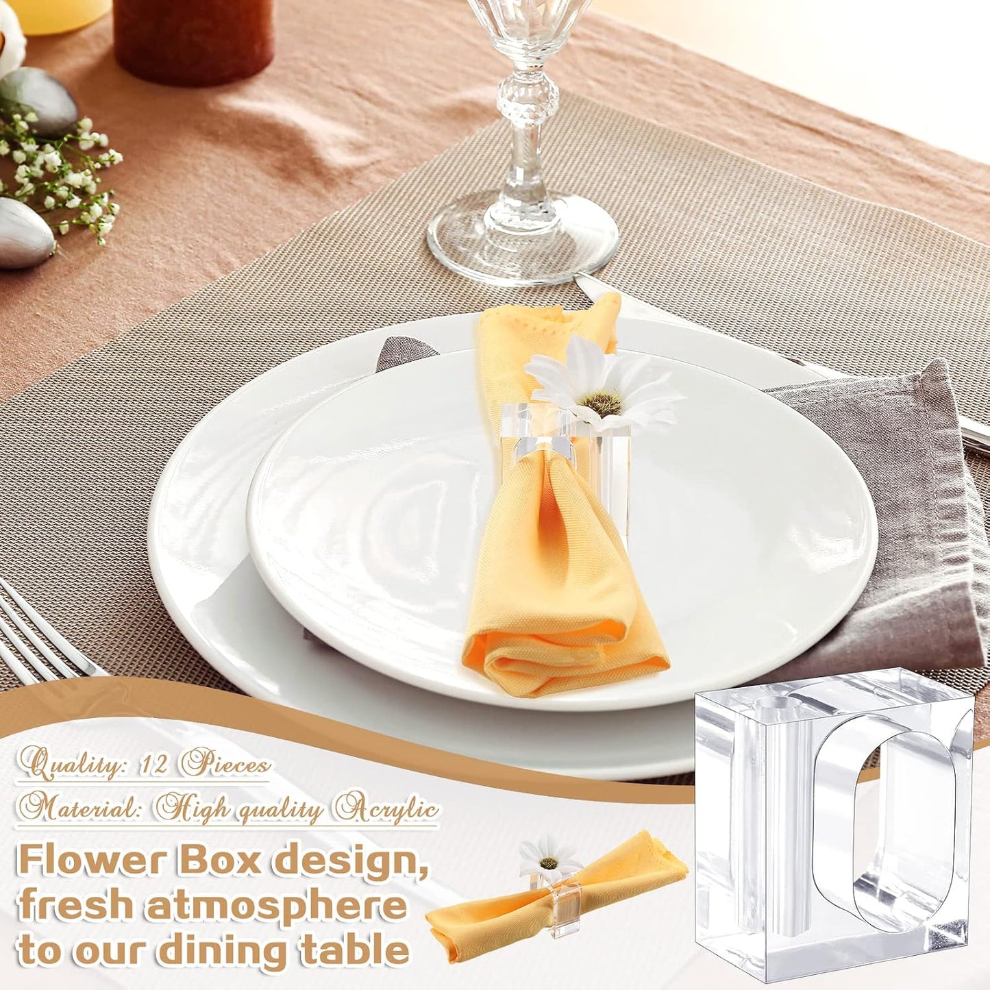 12 Pcs Acrylic Napkin Rings Clear Napkin Holder Bulk | Square Flower Bud Vase Combo for Wedding, Birthday Banquet Table