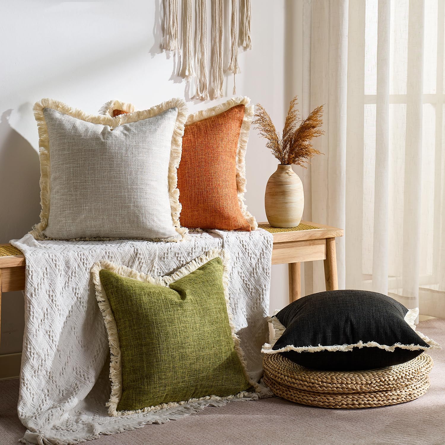 Fringe Farmhouse Rustic Decorative Pillows Case / Black / 18 x 18 / Set of 2