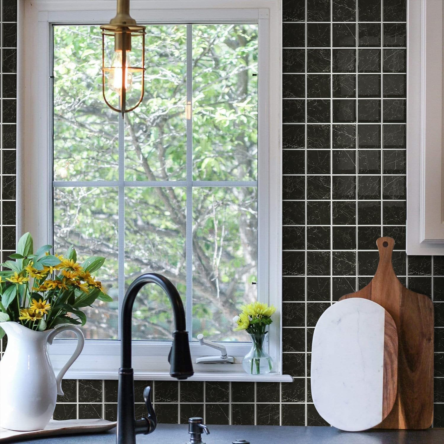 Thicker Marble Peel and Stick Backsplash Tiles- of "-3D / ST-SM-B / Black / 12 x 12 / Set of 10