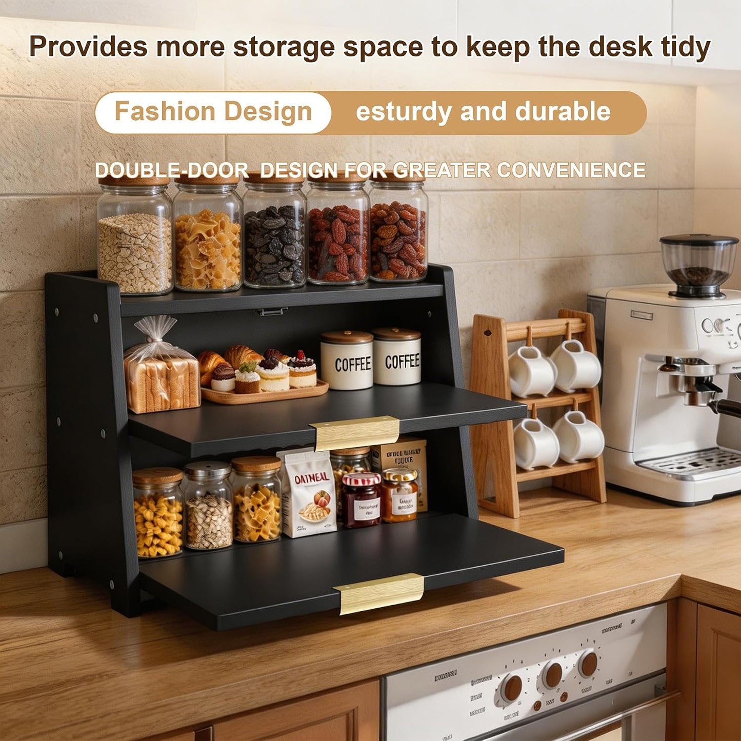 Large Bread Box for Kitchen Counter, Double Layer Wooden Bread Storage Container with Top Shelf, Countertop Organizer