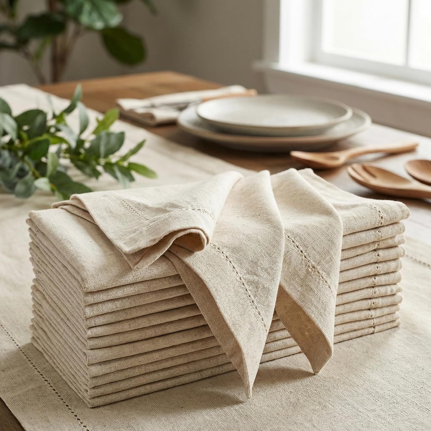 Set of 12 Flax Hemstitch Cloth Napkins 20x20 Inch - Natural | Premium Linen Cotton Reusable Dinner Napkin for Wedding