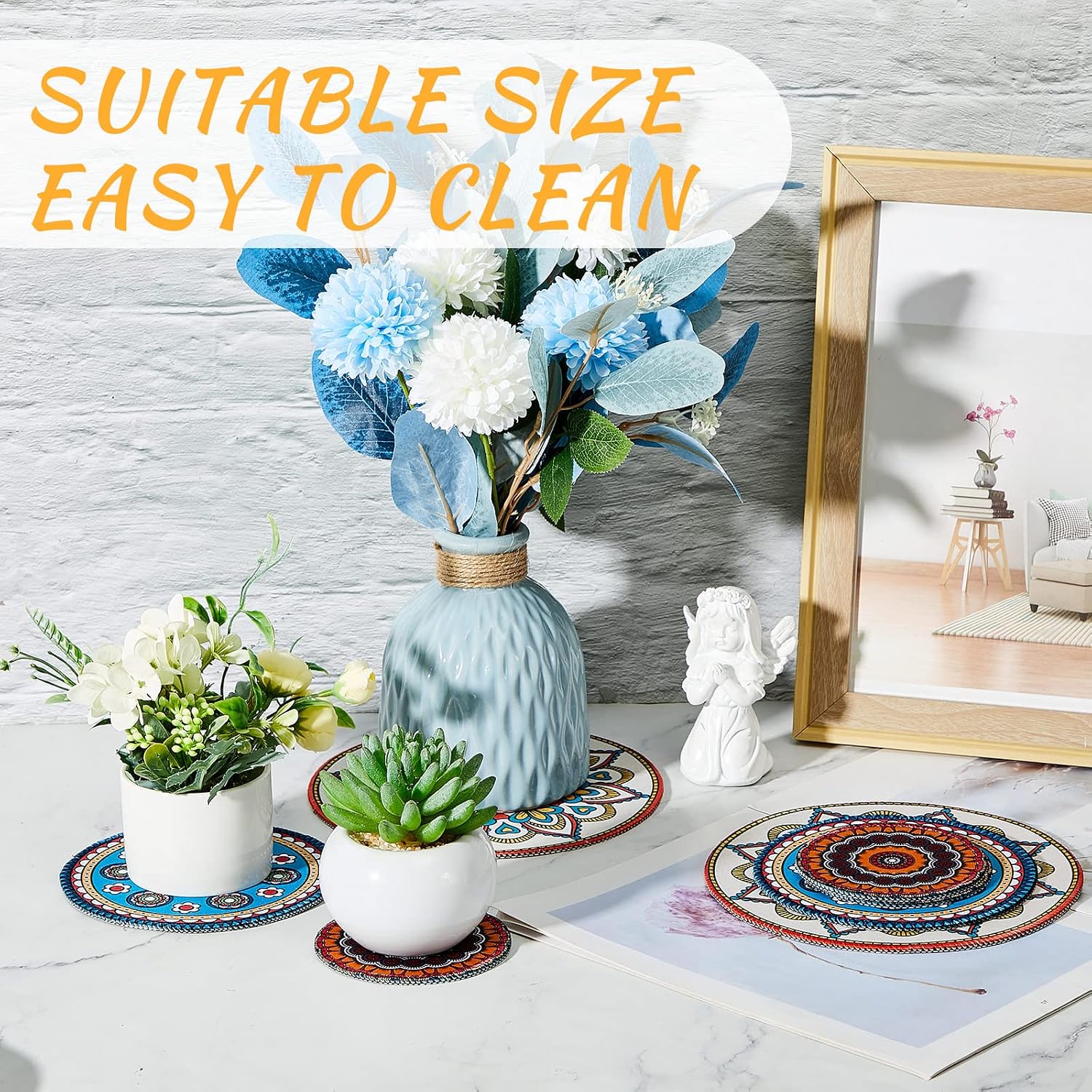 Boho Plant Coasters 3 Size 3.94" 5.9" 7.87" Rubber / Classic / 4 Inch, 6 Inch, 8 Inch / Set of 6