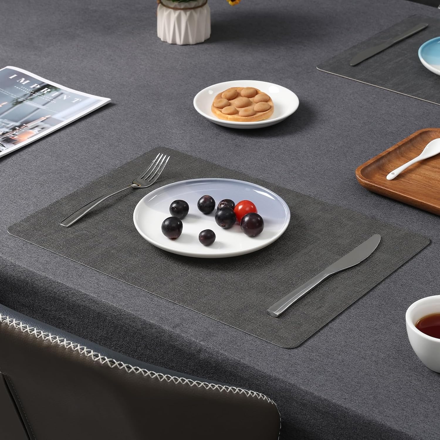 Myir JUN Faux Leather Placemats Set of 6, Dual Sided Waterproof Place Mats | Heat Resistant Wipeable Vinyl Table Mat