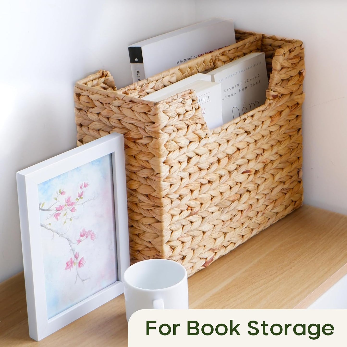 Wicker Magazine Basket Water Hyacinth Handwoven Magazine Holder | Decorative Handwoven Magazine Rack Floor, Organizer
