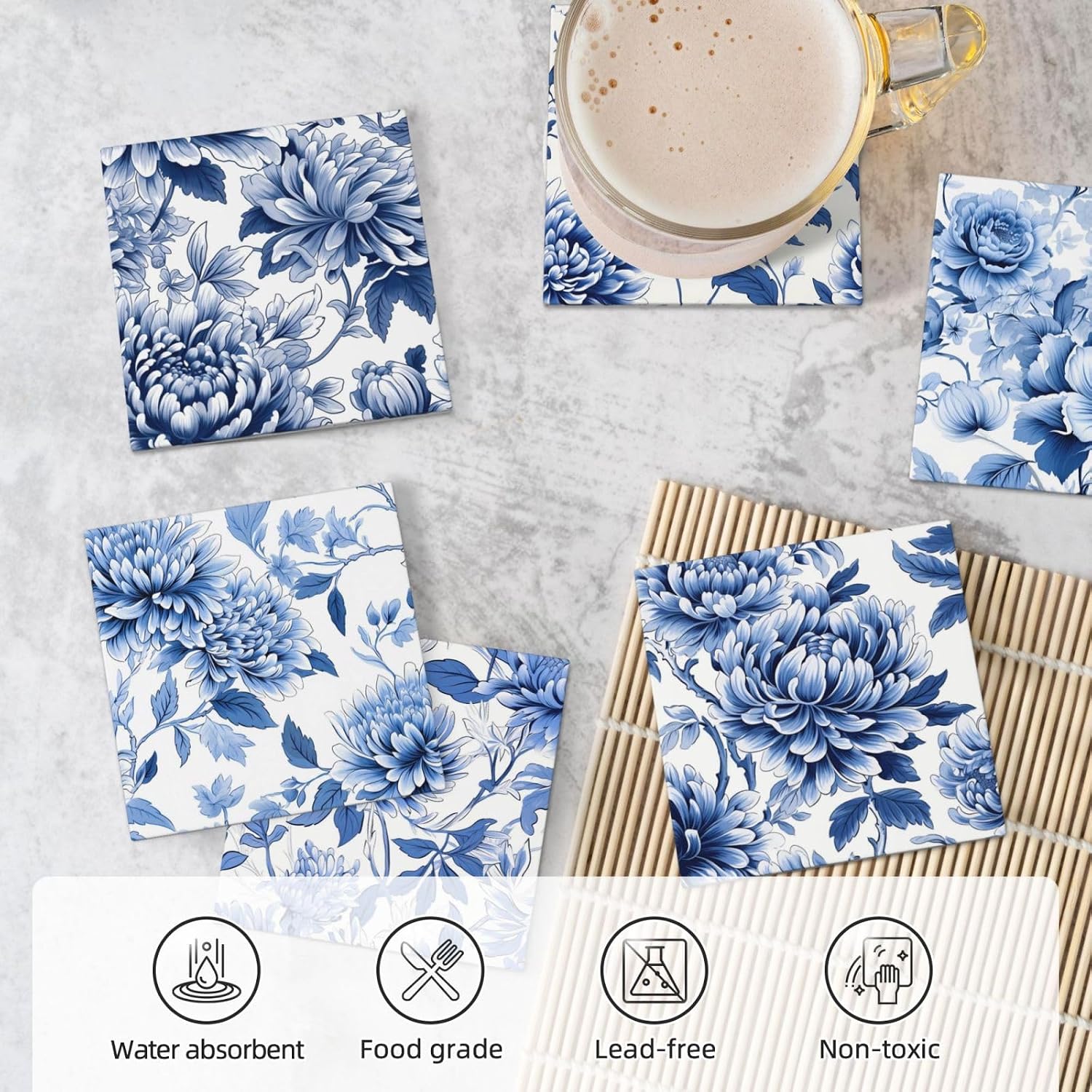 Golden Holder Cork Base / Blue Floral Square - 1 / Set of 6