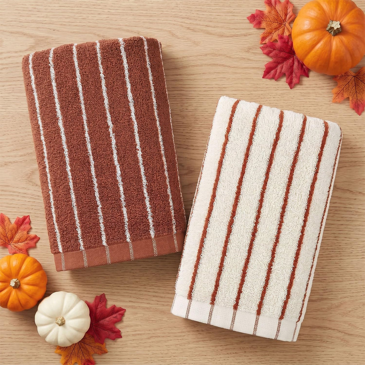 Striped Cotton Hand Towels Set of 4 - Soft, Absorbent Towels for Bathroom | Kitchen & Fall Gatherings, 13" x 29"