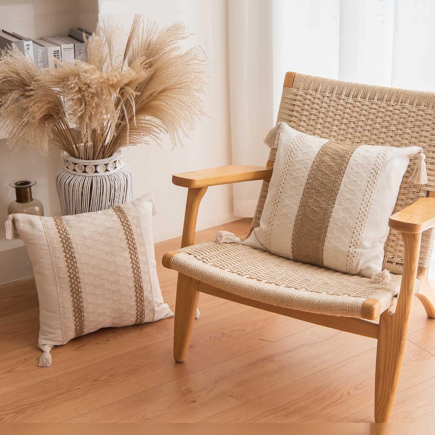 Decorative Boho Neutral Pillow / 18 x 18 / Single Stripe / Set of 2