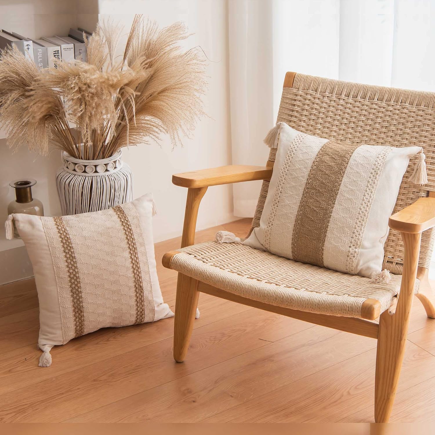 Decorative Boho Neutral Pillow / 18 x 18 / Single Stripe / Set of 2