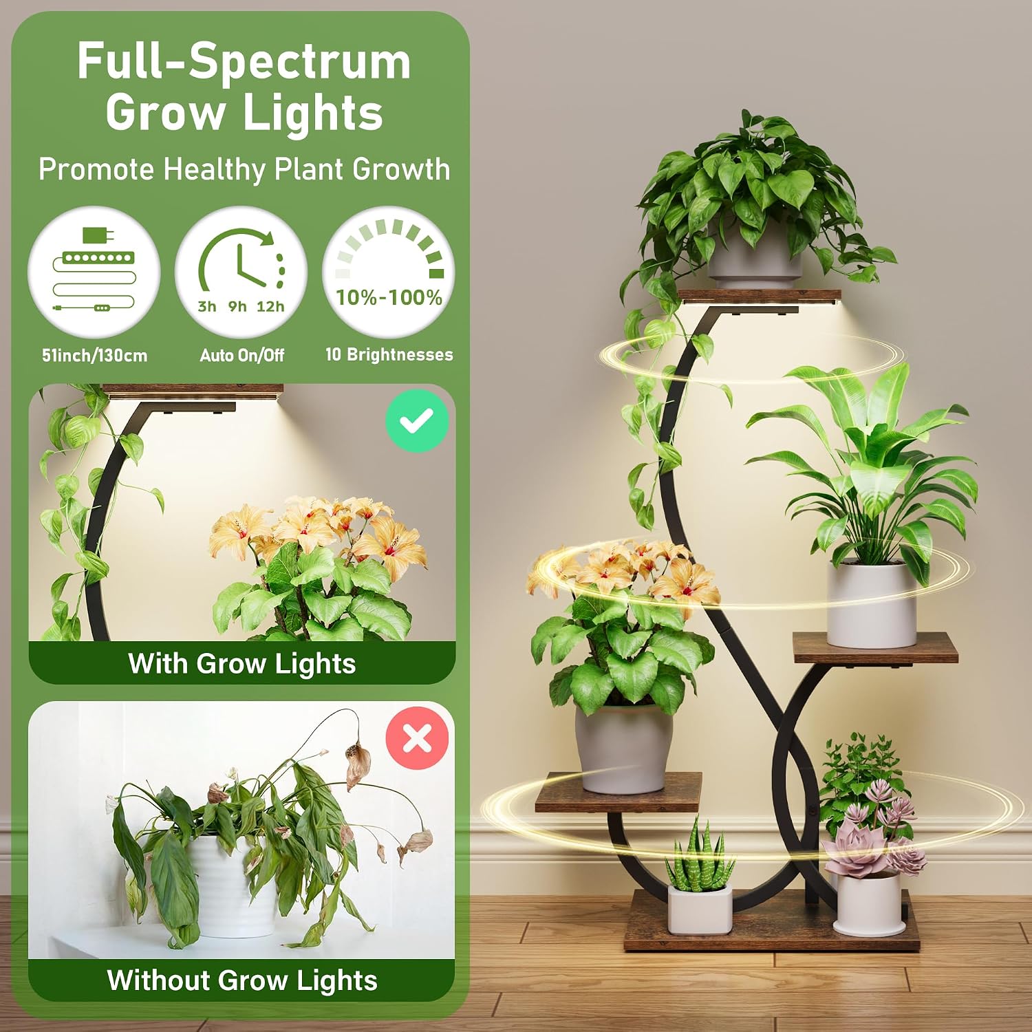 BACEKOLL Plant Stand with Grow Lights 4 Tier Metal Indoor Plant Shelf 32" | S-Shaped Corner Plant Stands Indoor, Grow