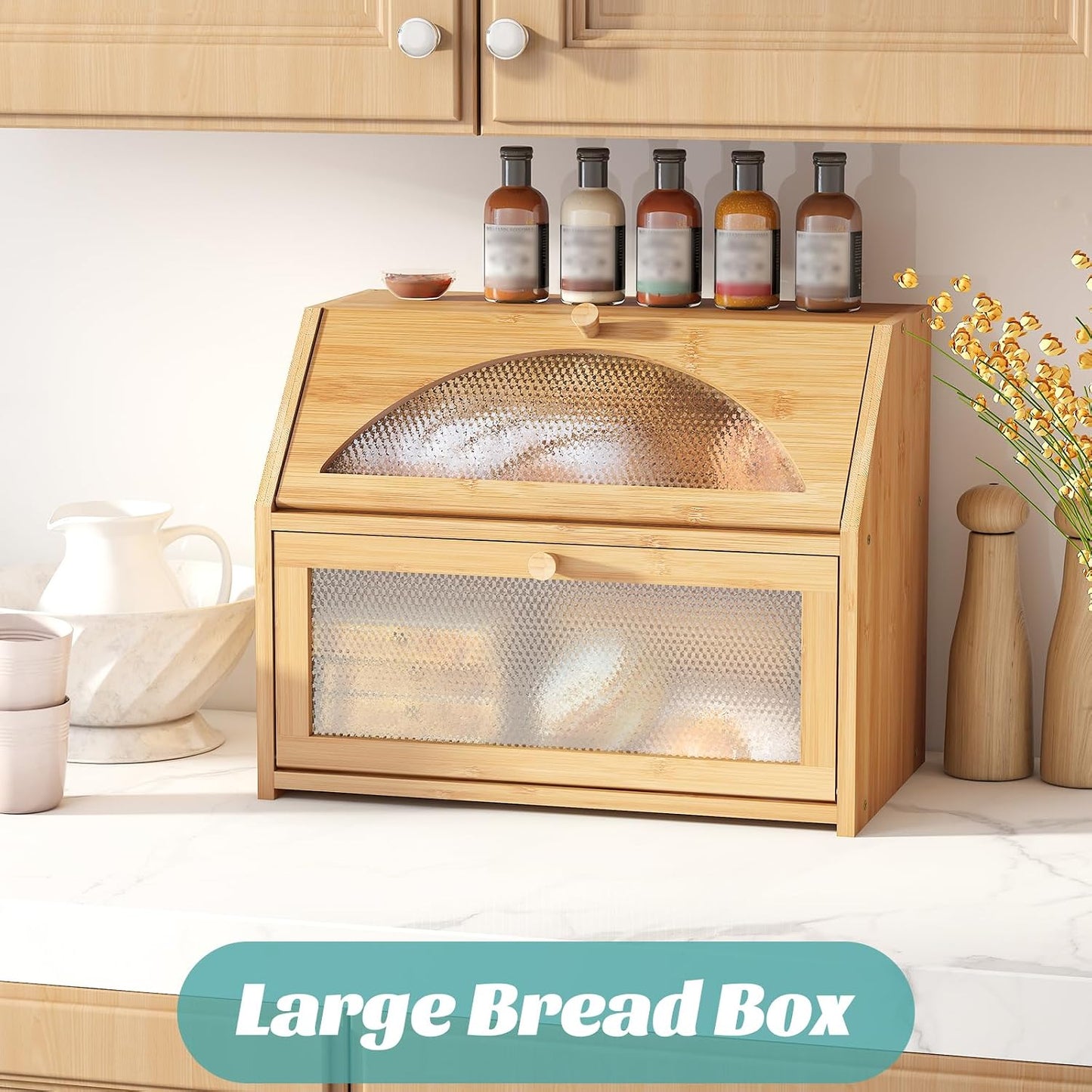 Bread Box, Bamboo Wood Bread Box for Kitchen Counter, Double-layer Bread Storage Bin, Acrylic glass with Diamond