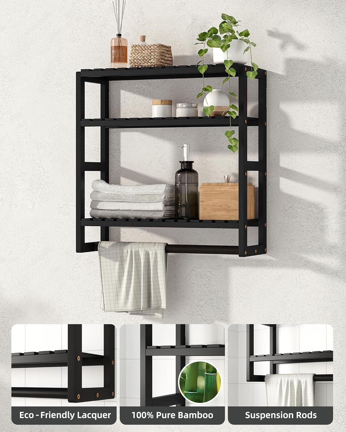 Galood Over The Toilet Storage Bathroom Shelves Wall Mounted 3 Tier Black | Space Saver Corner Shelf Organizer Bamboo