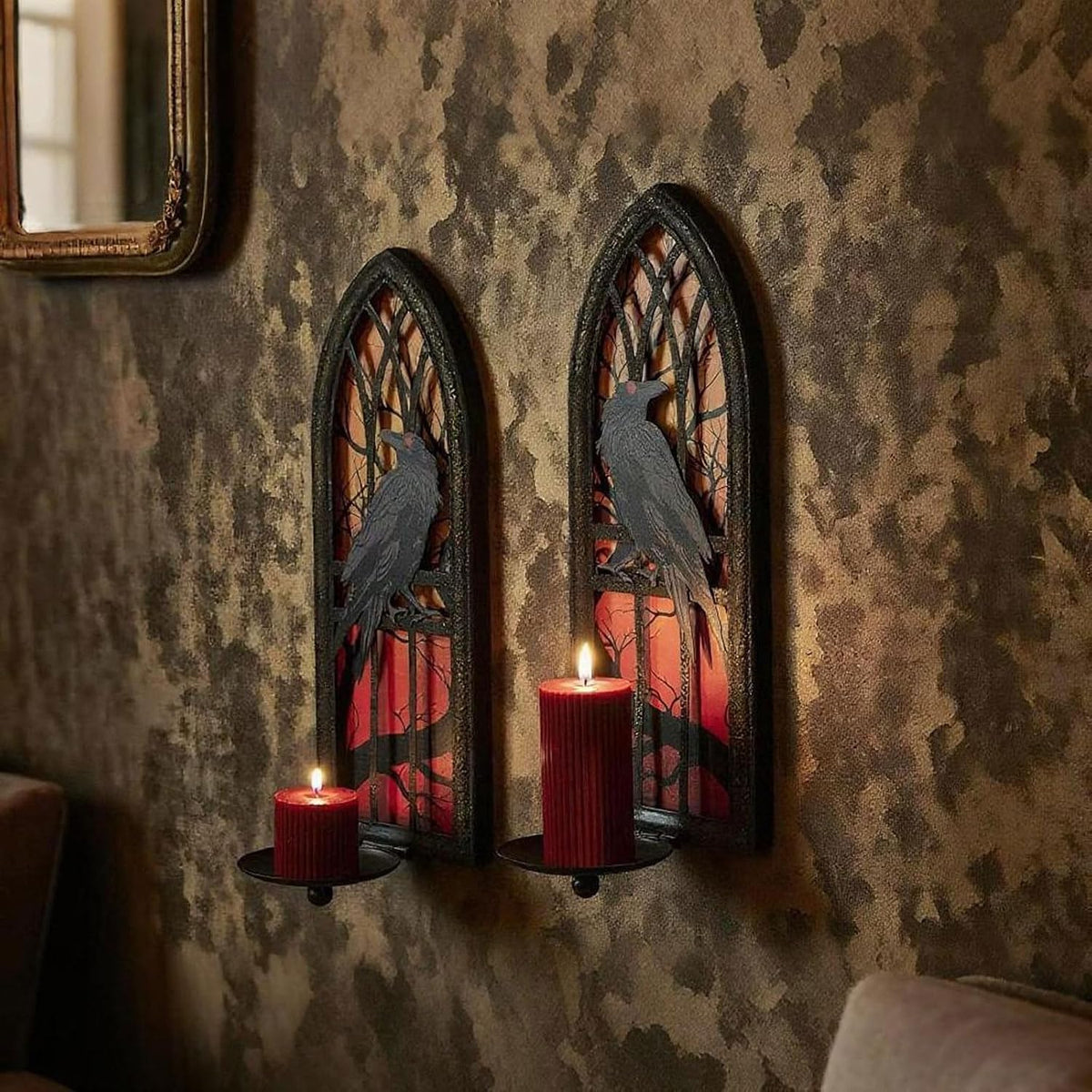 Gothic Wall Candle Sconces Set of 2, Wrought Iron Crow Wall Mounted Candelabra Holder with Removable Trays for Taper &
