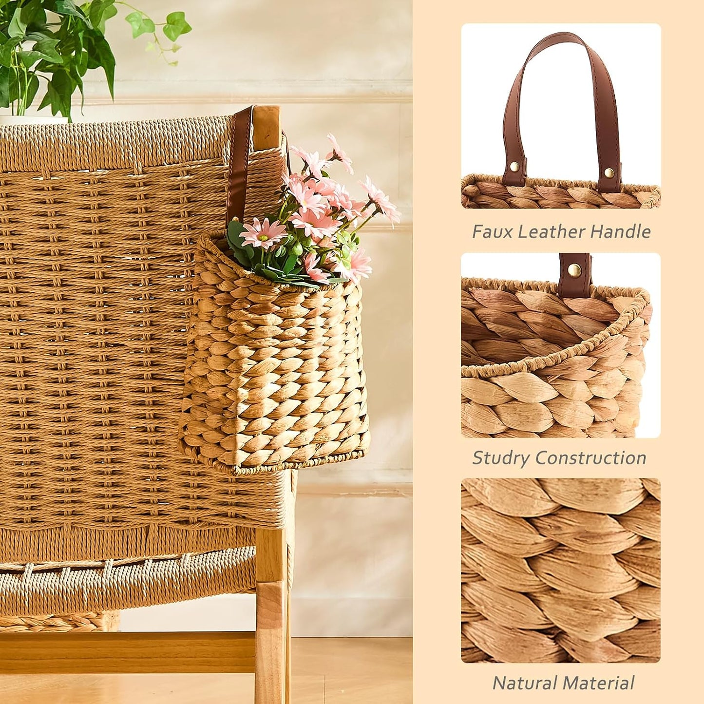 Wall Hanging Pocket Basket Portable Storage Basket Decorative Boho Mounted / Water Hyacinth