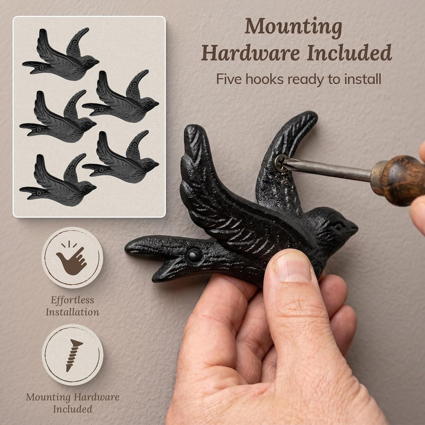 Farmhouse Entry Hook / Vintage Bird Hooks / Antique Black / Set of 5