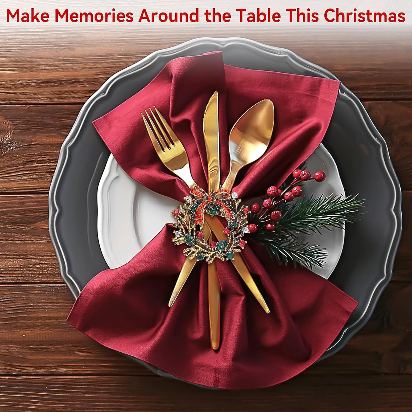 Christmas Wreath Napkin Rings Set of 12, Holiday Rhinestone Christmas Napkin Ring Holders for Cloth Napkins, Napkin