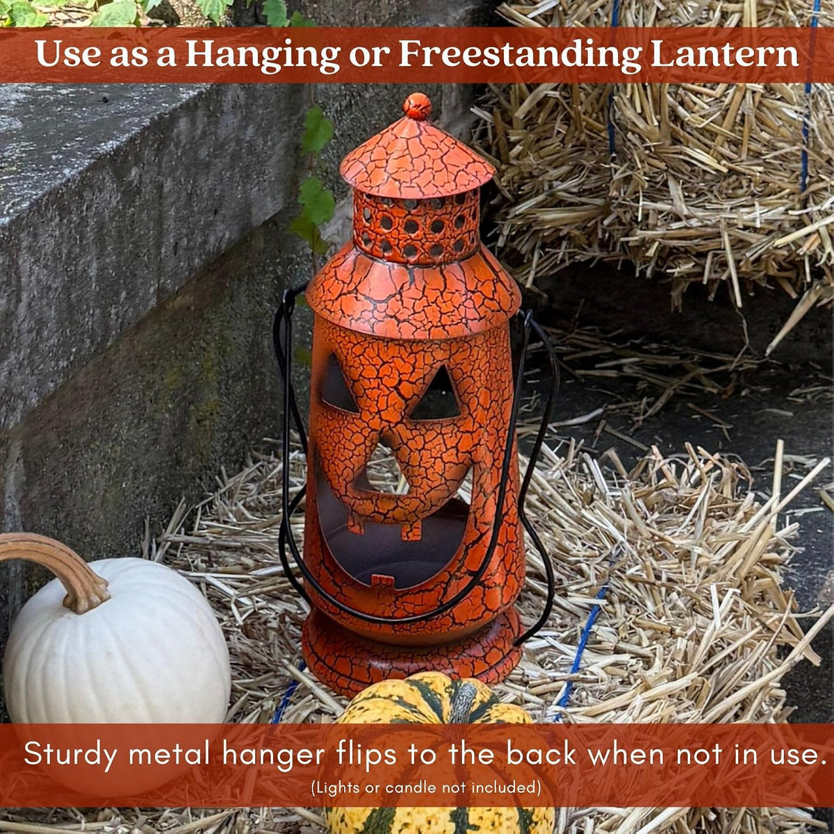Clovers Garden Halloween Pumpkin Rustic Lantern with Handle, 11.5" Tall Metal Jack O Lantern Fall Decoration, Standing