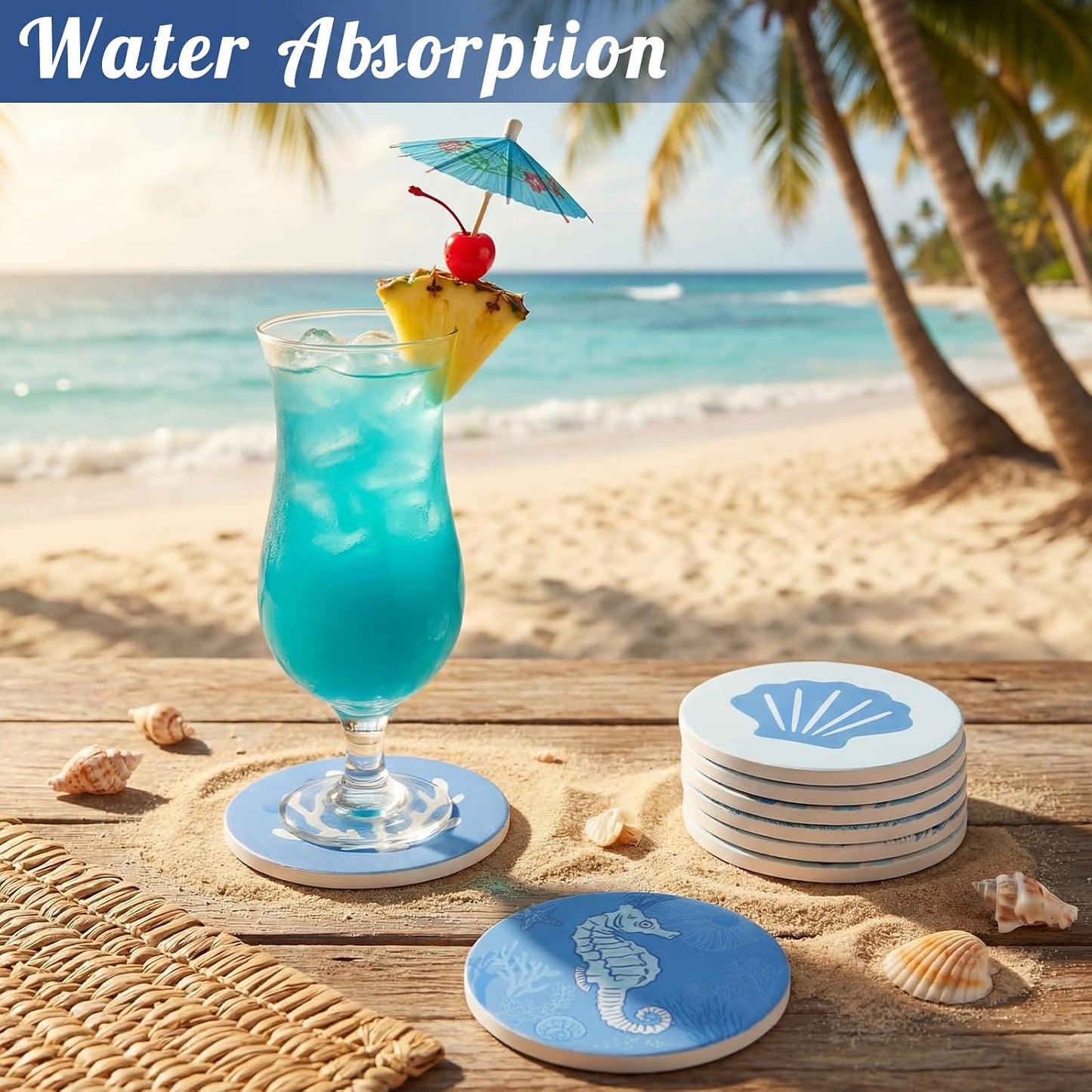 Coastal Coasters for Drinks Ceramic Stone Round Absorbent Coasters / Set of 8