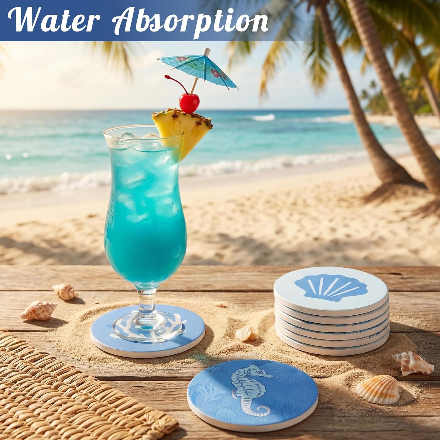 Coastal Coasters for Drinks Ceramic Stone Round Absorbent Coasters / Set of 8