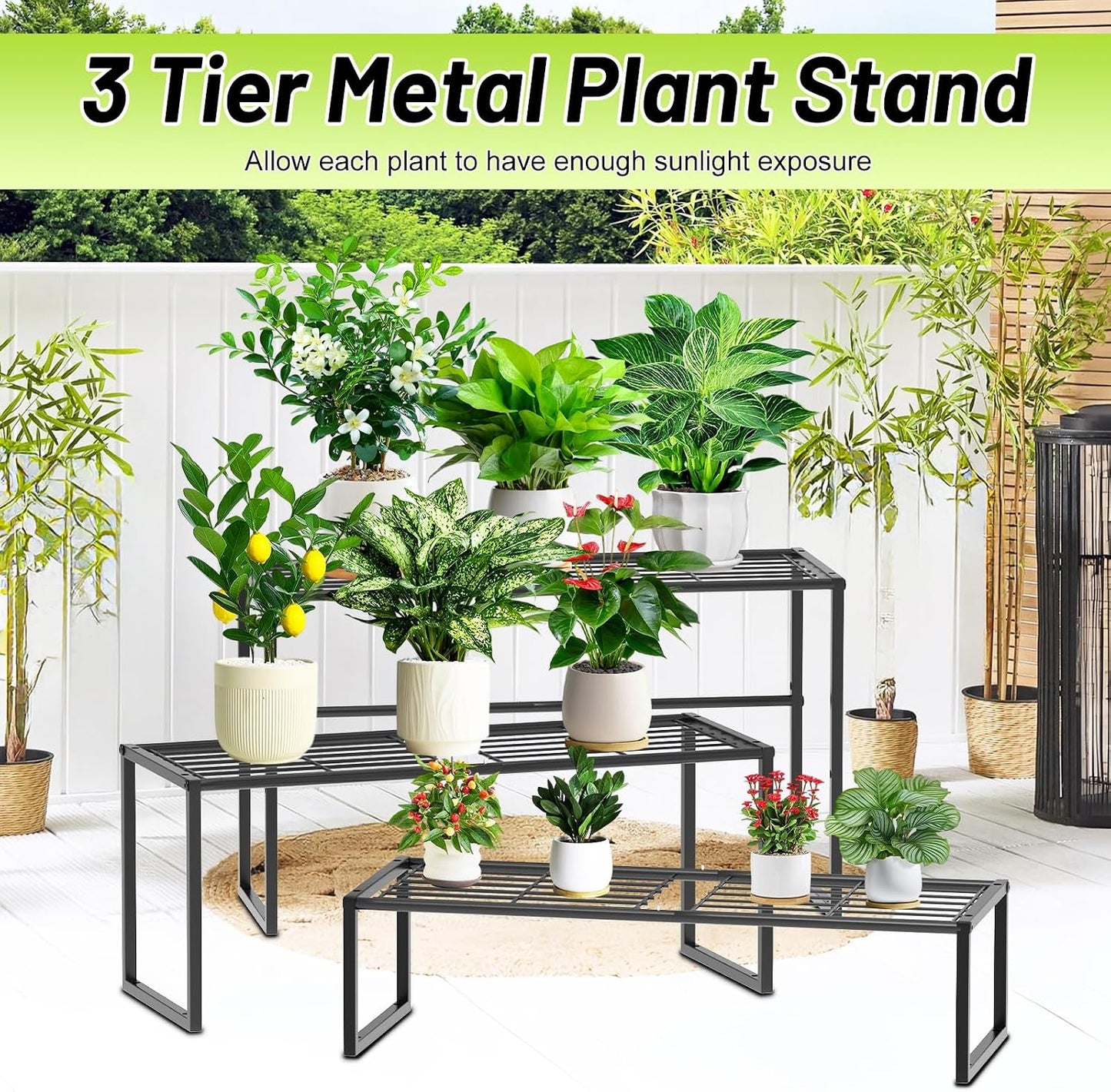 Metal Plant Stand Indoor Outdoor, 3 Tier Potted Multiple Flower Pot Holder Rack Plant Shelf, Heavy Duty Planter Display