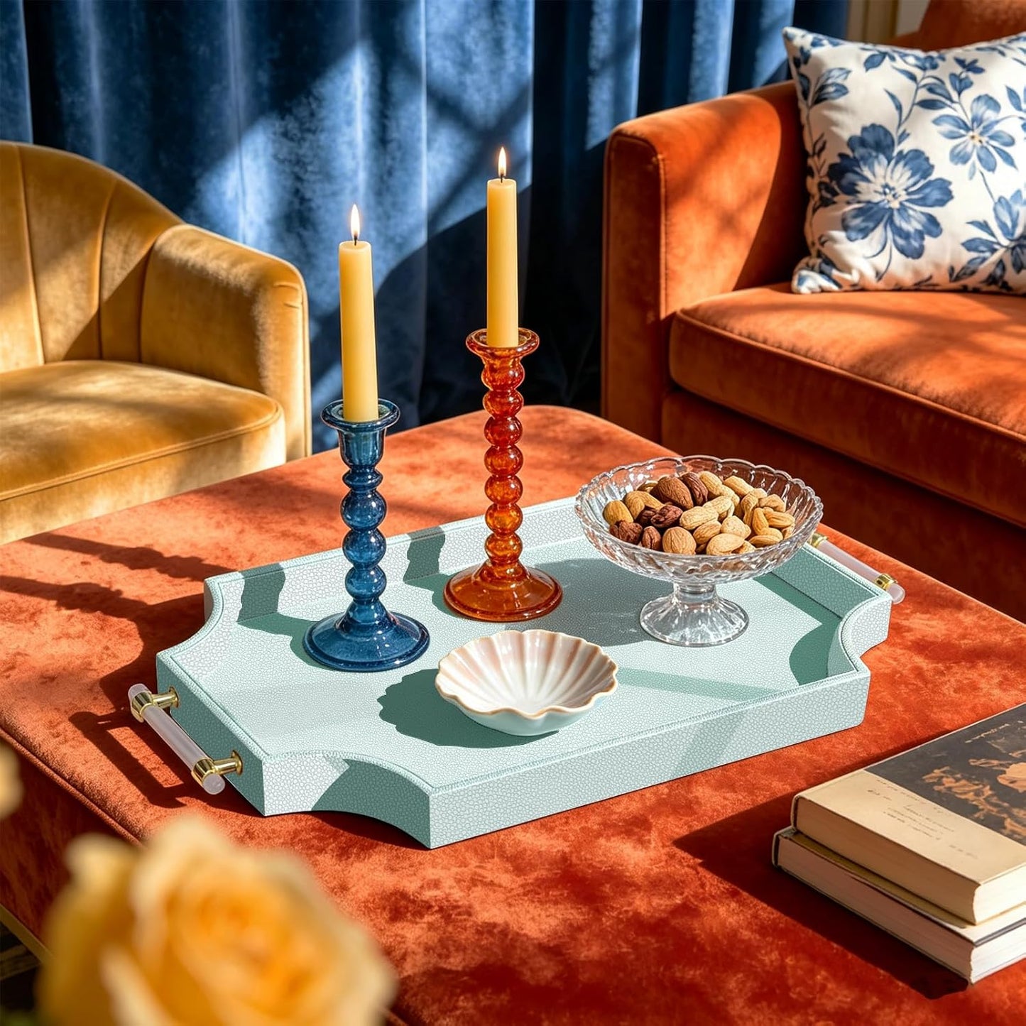 22.6'' x 13'' Coffee Table Tray Shagreen Decorative Tray / Light Aqua / 22.6 x 13 x 2 / Gold