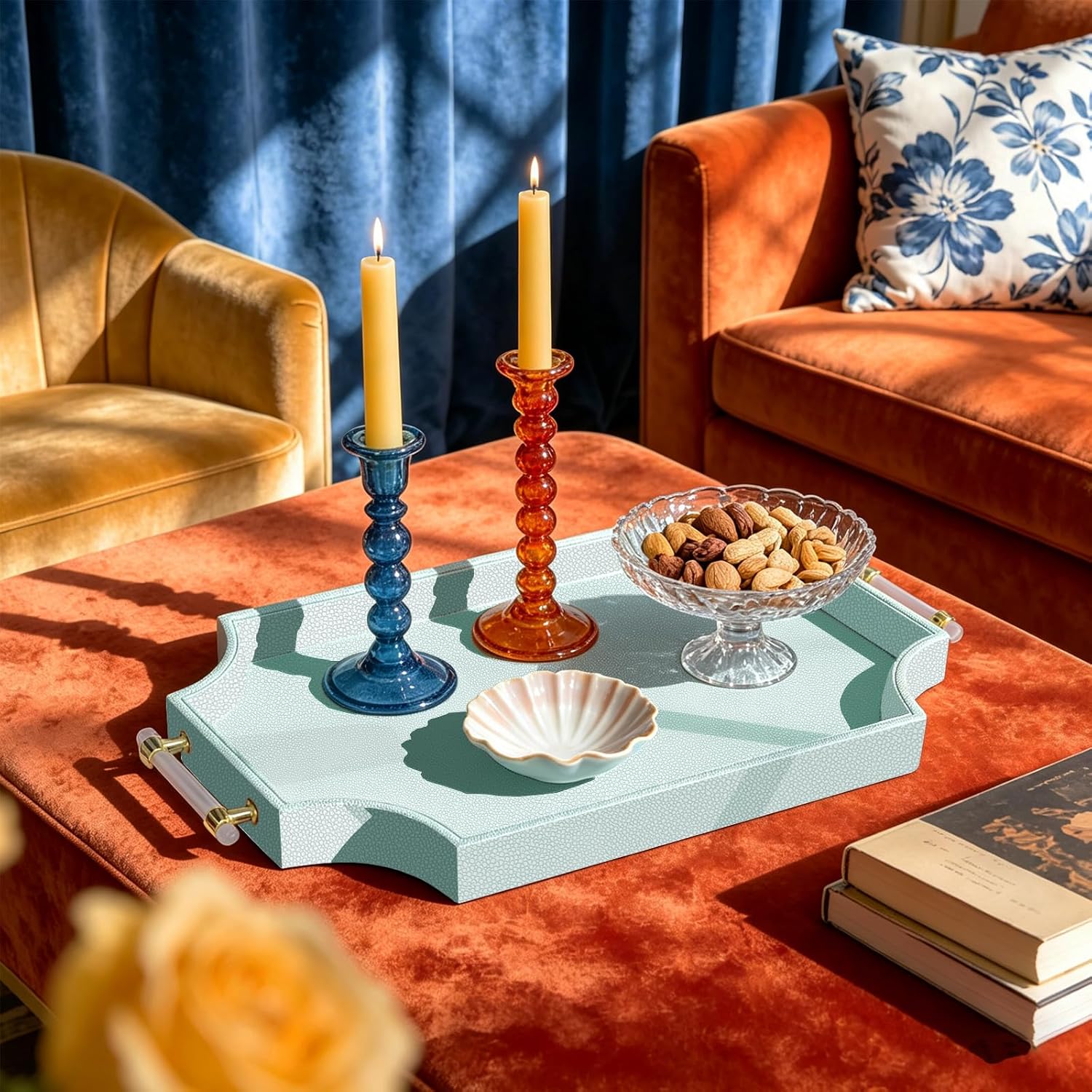 22.6'' x 13'' Coffee Table Tray Shagreen Decorative Tray / Light Aqua / 22.6 x 13 x 2 / Gold