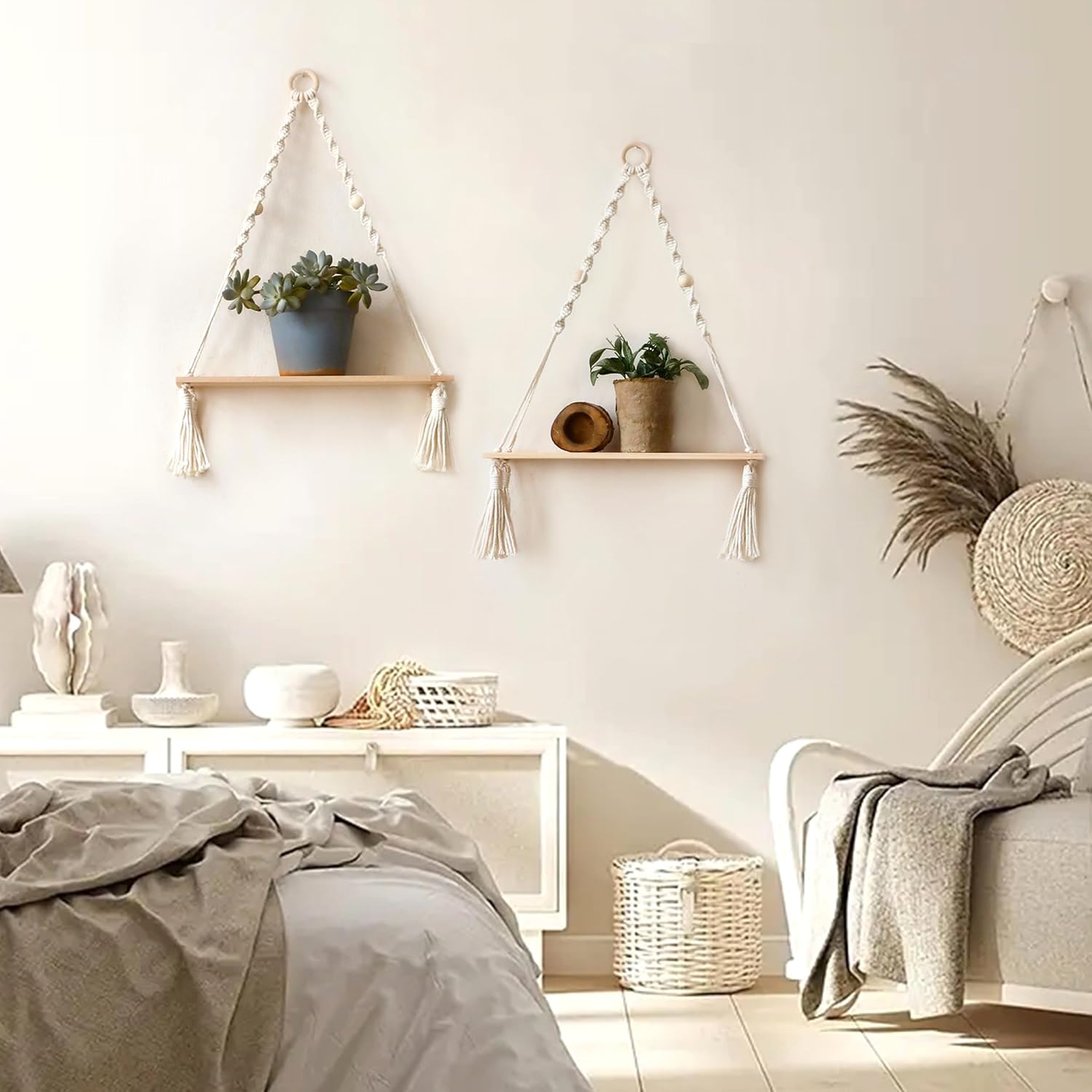 Wooden Wall Hanging Shelves / Beige Macrame / Set of 2