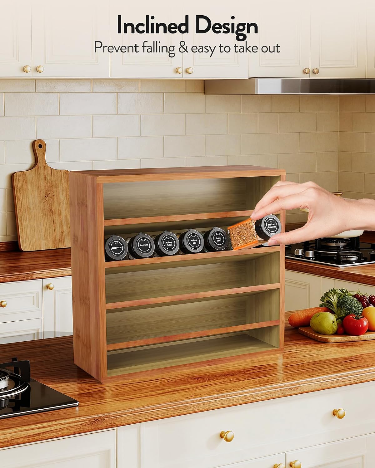 Orimade 4 Tier Spice Rack Organizer for Cabinet, Freestanding Bamboo Seasoning Rack for Countertop, Cupboard, Pantry