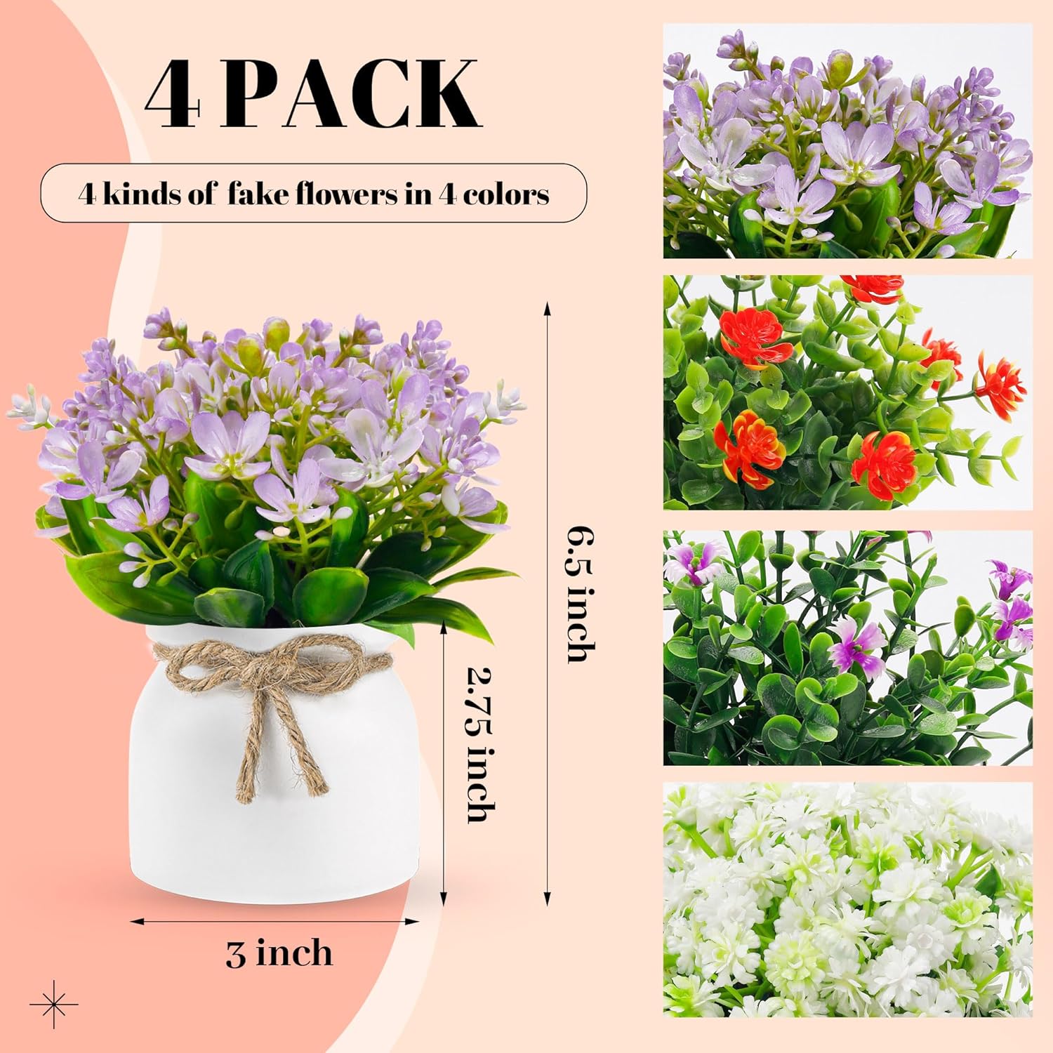 Fake Flowers Small Artificial Faux Plants Indoor Summer Spring Decor for Centerpiece / Set of 4