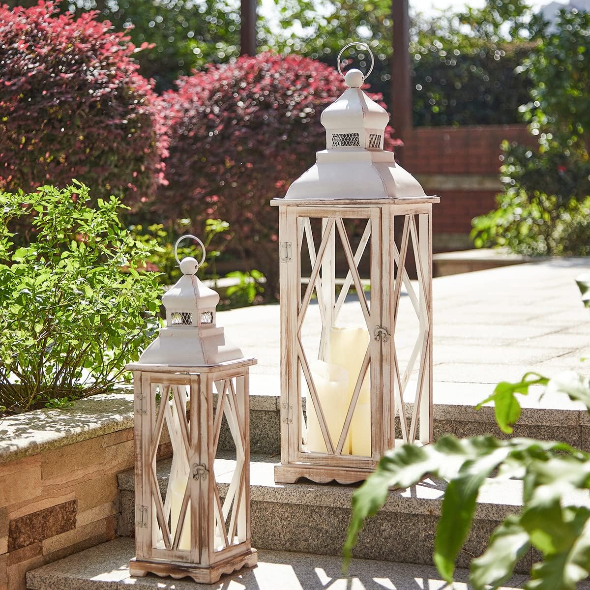 Glitzhome Farmhouse White Wood Metal Lanterns Decorative Hanging Candle Lanterns Set of 2