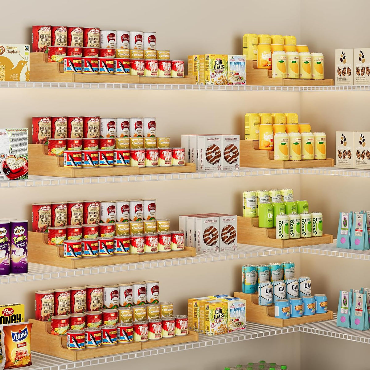 Expandable Bamboo Can Display Organizer for Pantry, 3-Tier Can Storage | Easy-Access Adjustable Can Shelf for Cabinets