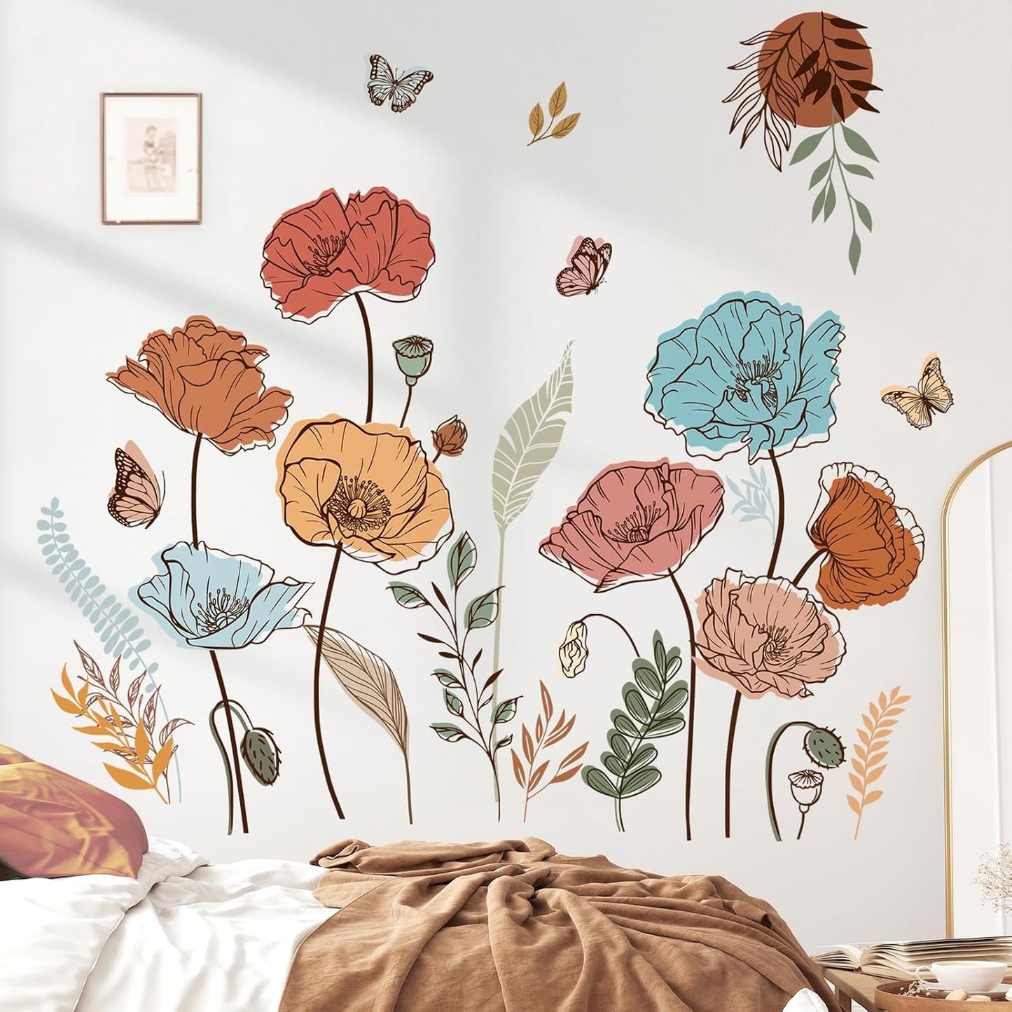 Large Boho Flower Wall Decals Butterfly Boho Floral Plants Wall Stickers Living Room Bedroom Nursery