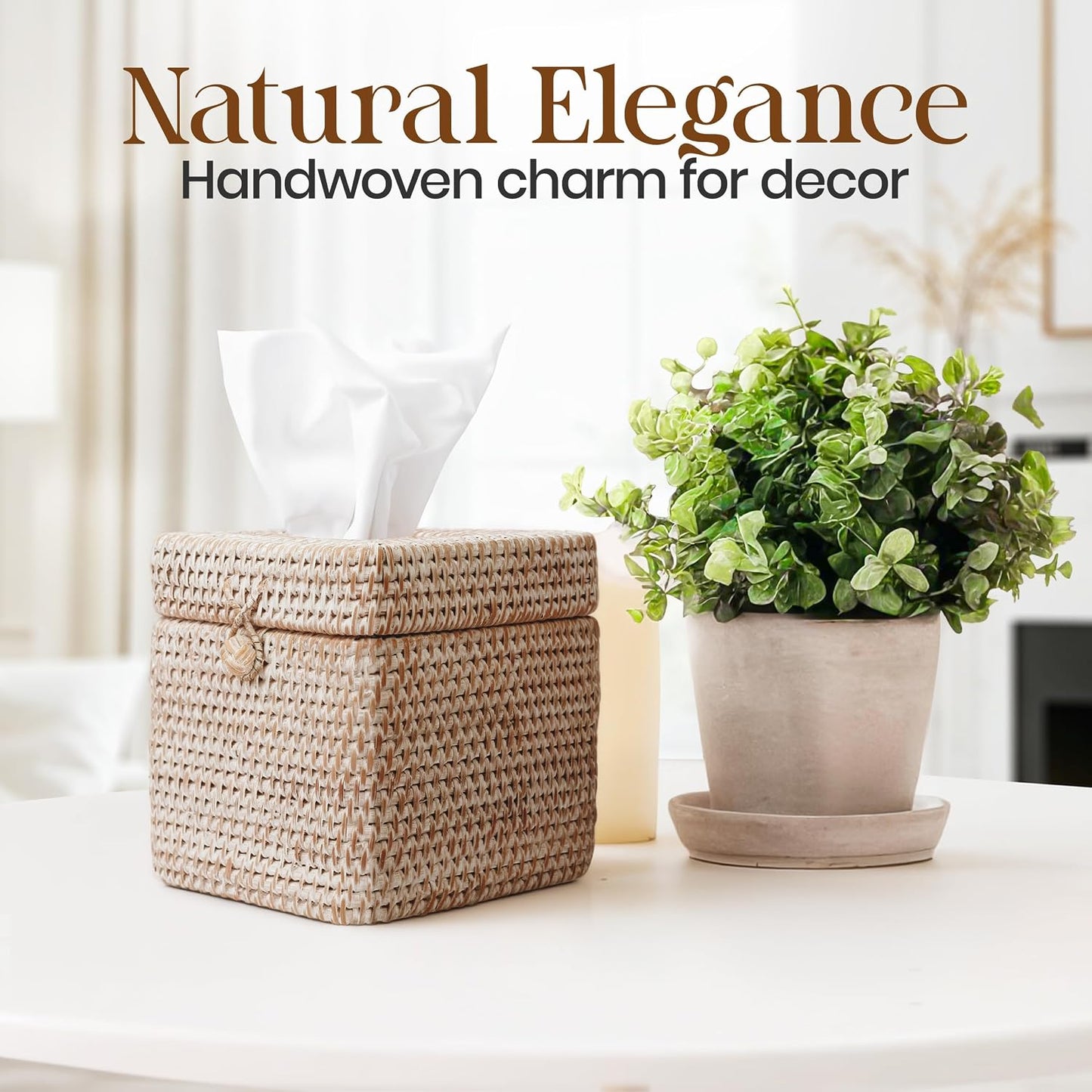 Rattan Tissue Box Cover / Whitewash / 5.5 x 5.5 x 5.9