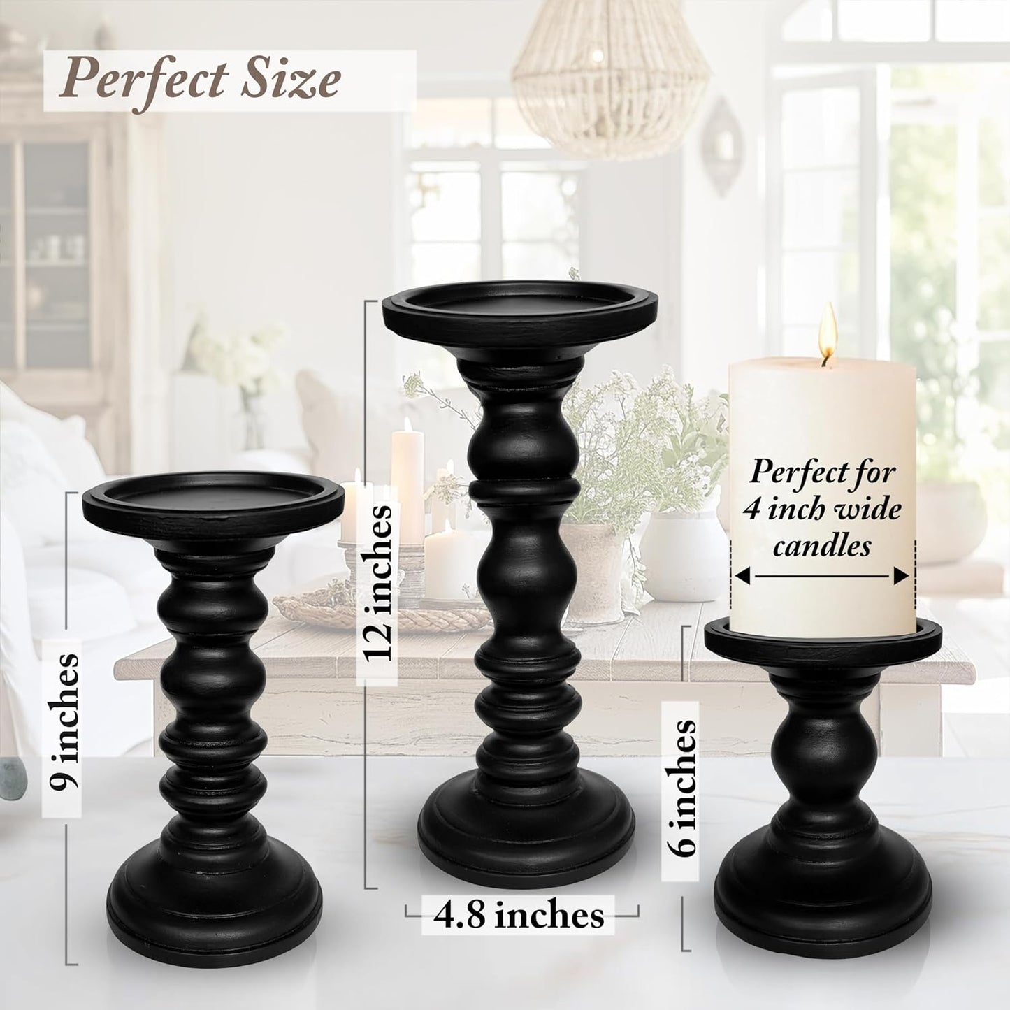 Satin Black Candle Holders for Pillar Candles (Set of 3) Tall Large Rustic Pillar Candlestick Stands - Fits Both 4 inch