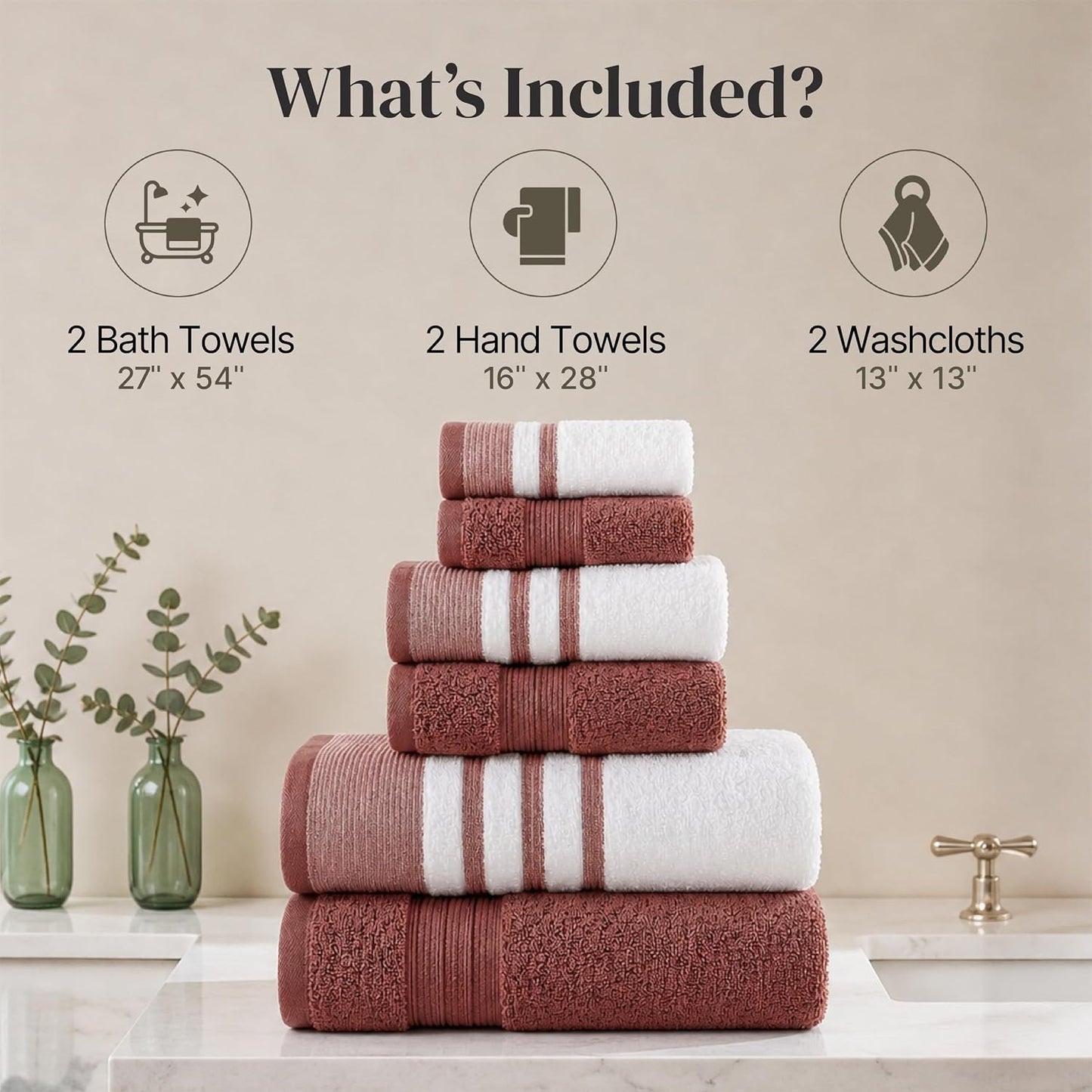 Modern Threads 6 Piece Bath Towel Set – Bathroom Towel Set with 2 Bath Towels, 2 Hand Towels & 2 Washcloths – 100%