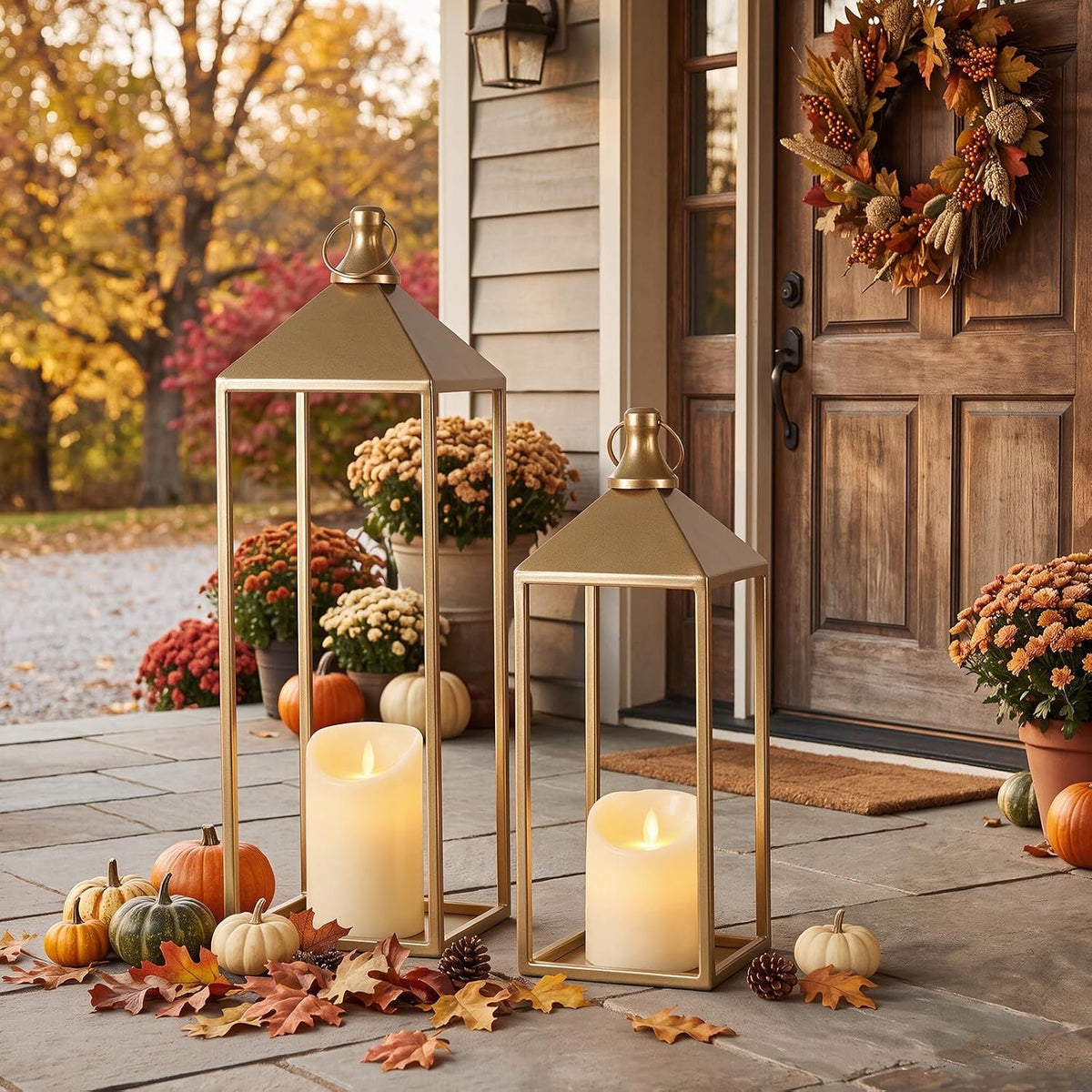 Set of 2 Decorative Lanterns with Candles, Gold Metal Lanterns Decor | 17" 13" Lanterns Decorative Indoor Outdoor for