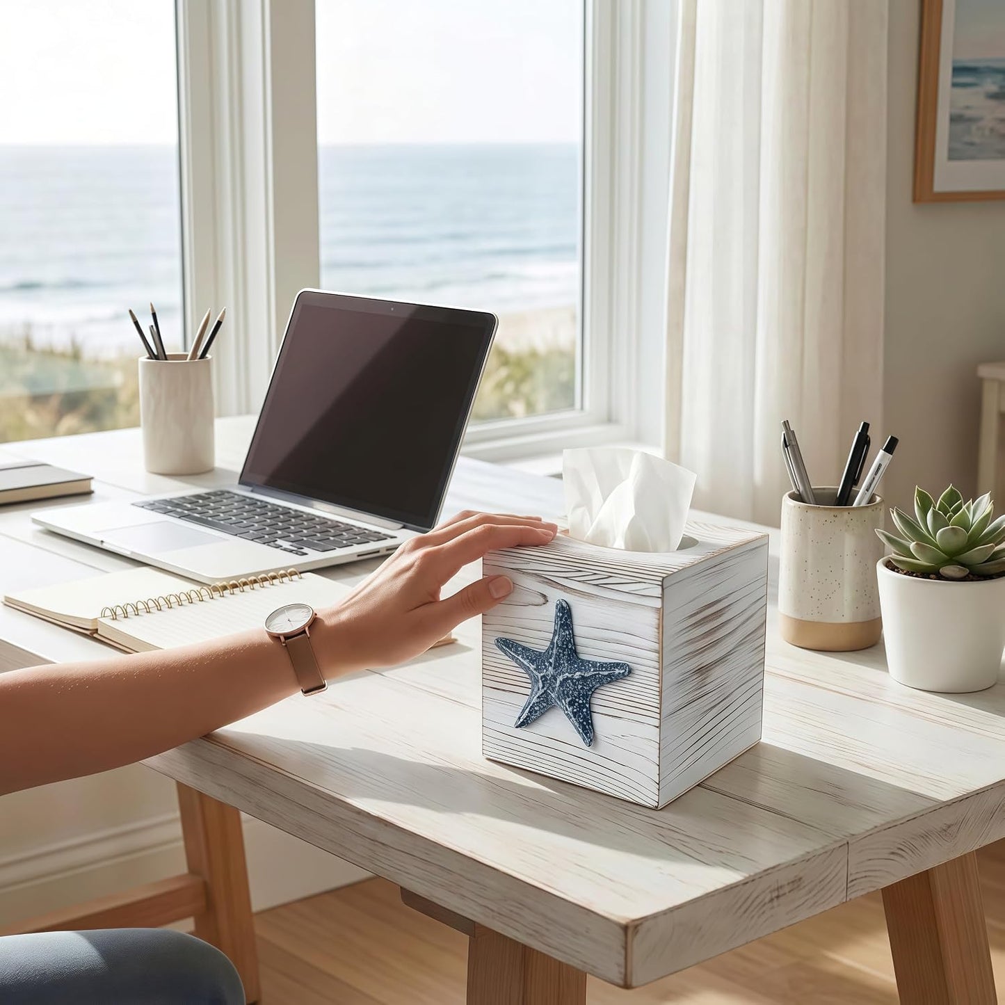 Coastal Tissue Box Cover Wooden Retro / Starfish