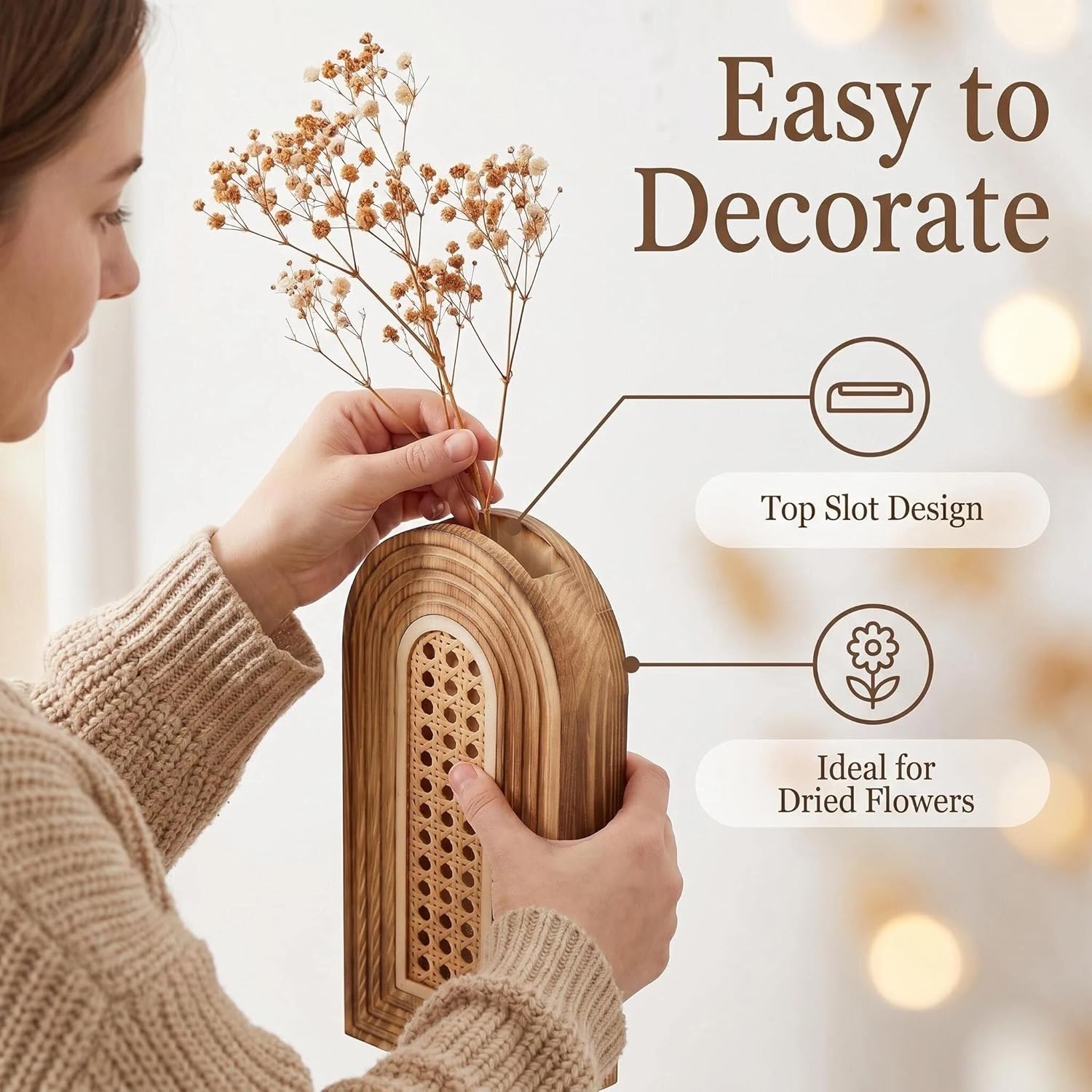 Wooden Wall Vase Set / Rattan-brown / Set of 2