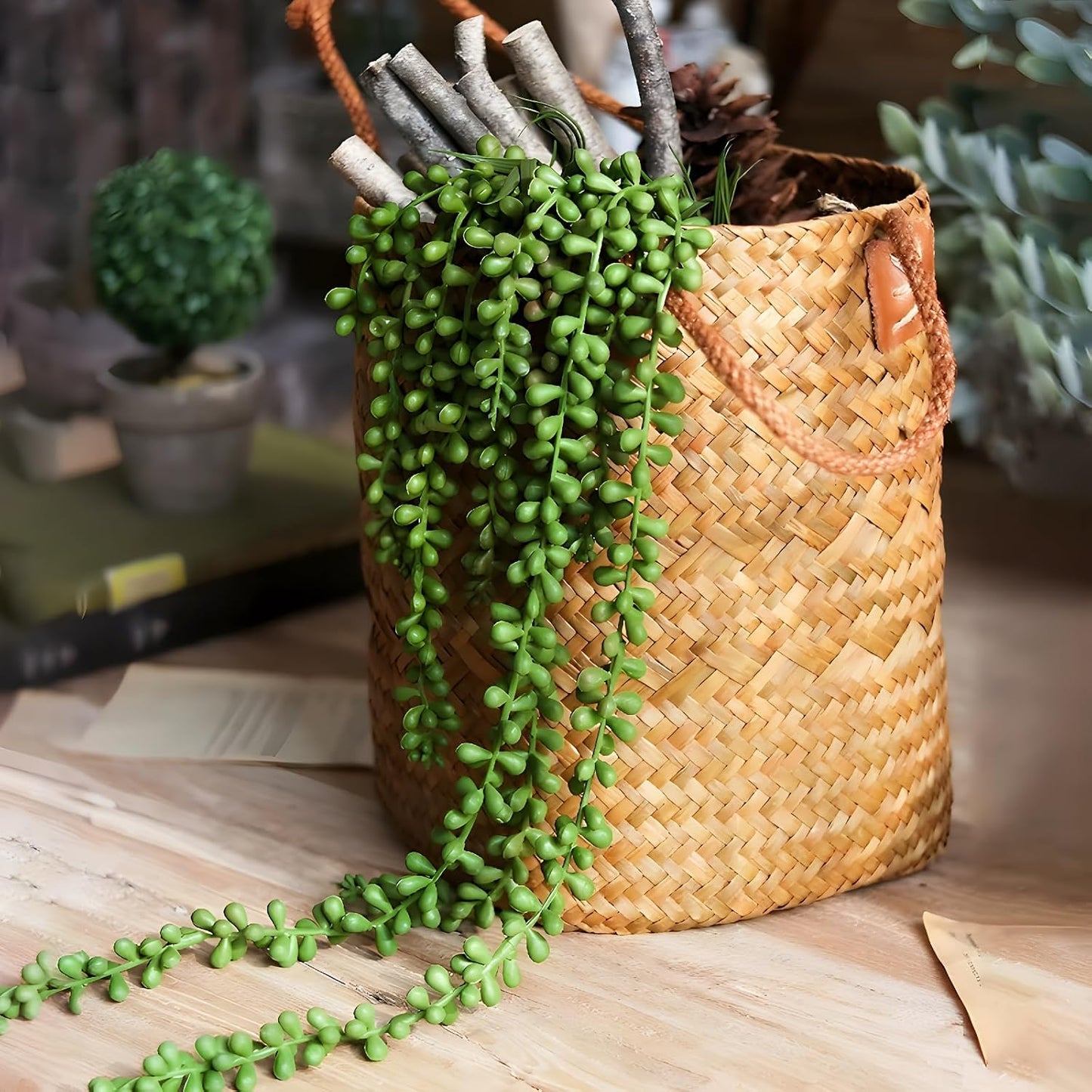Succulents Plants Artificial Hanging Plants-String of Pearls Faux Greenery / Set of 6